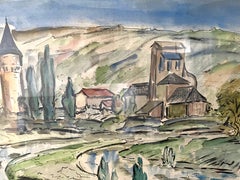 Pressac, South France Landscape French Riviera, 1960s, Watercolor Framed