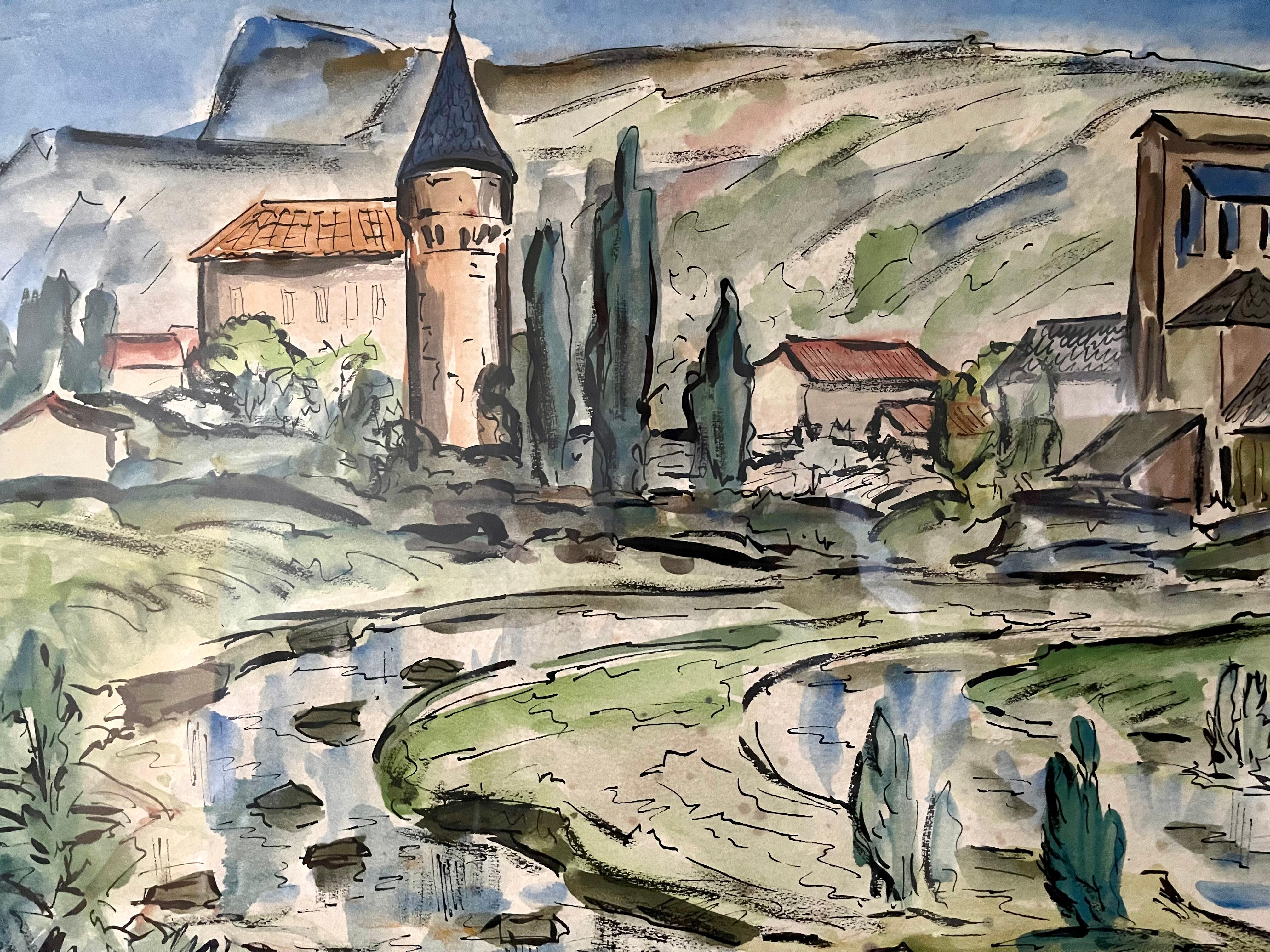 Modern Pressac, South France Landscape French Riviera, 1960s, Watercolor Framed For Sale