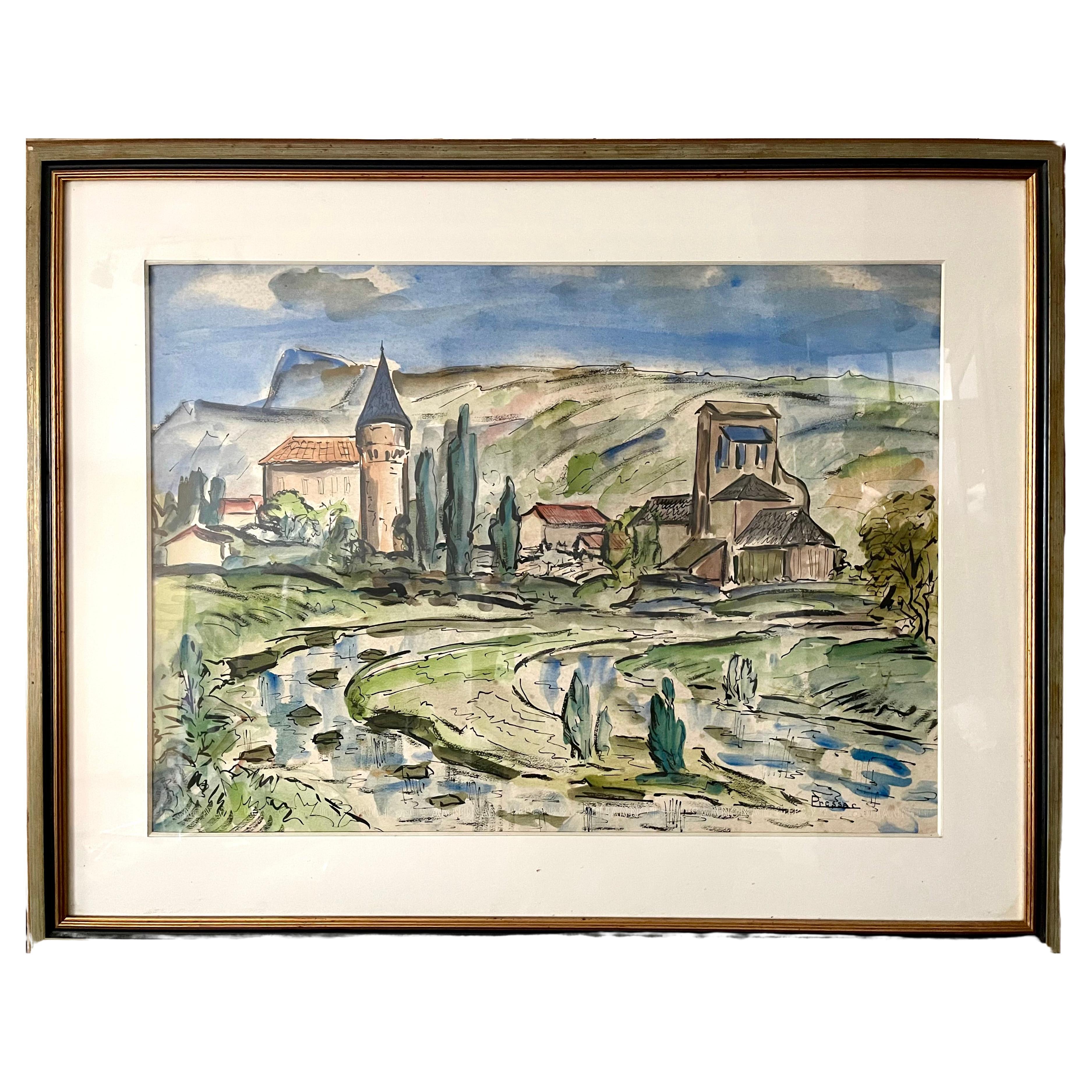Pressac, South France Landscape French Riviera, 1960s, Watercolor Framed For Sale