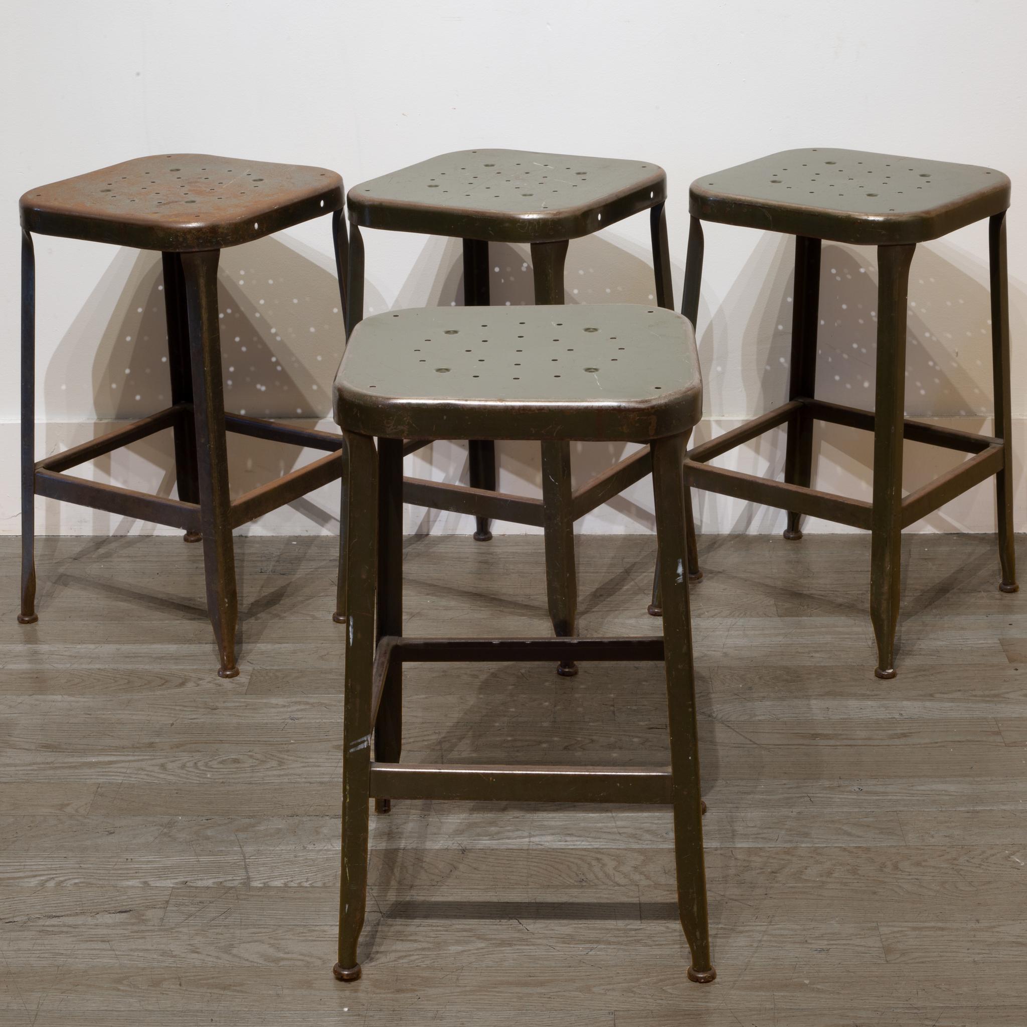 ABOUT

Price is per stool.

These are pressed and folded steel factory stools. They have retained much of their original finish and are sturdy and structurally sound.

 CREATOR Unknown.
 DATE OF MANUFACTURE c.1930.
 MATERIALS AND TECHNIQUES