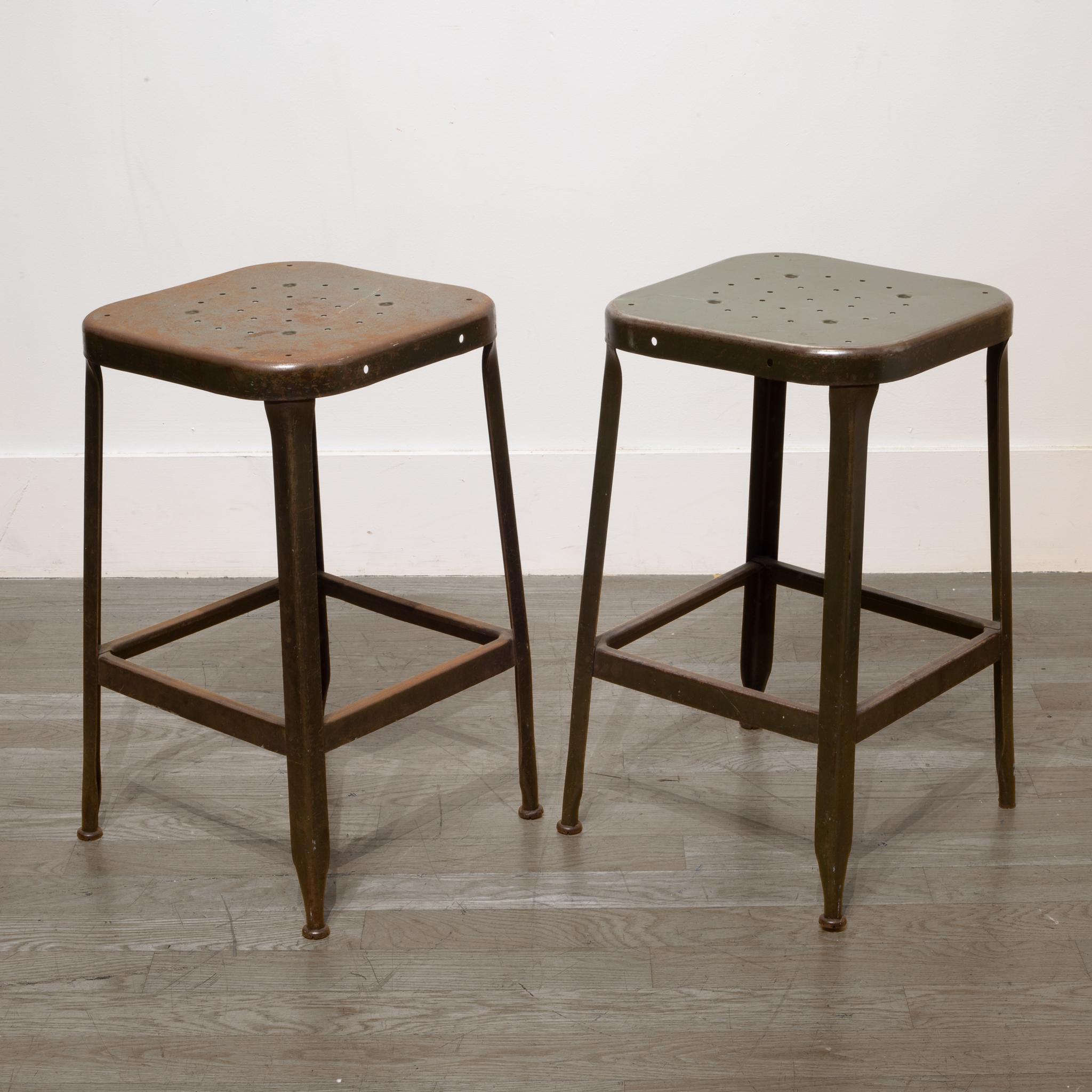20th Century Pressed and Folded Steel Factory Stools, circa 1950