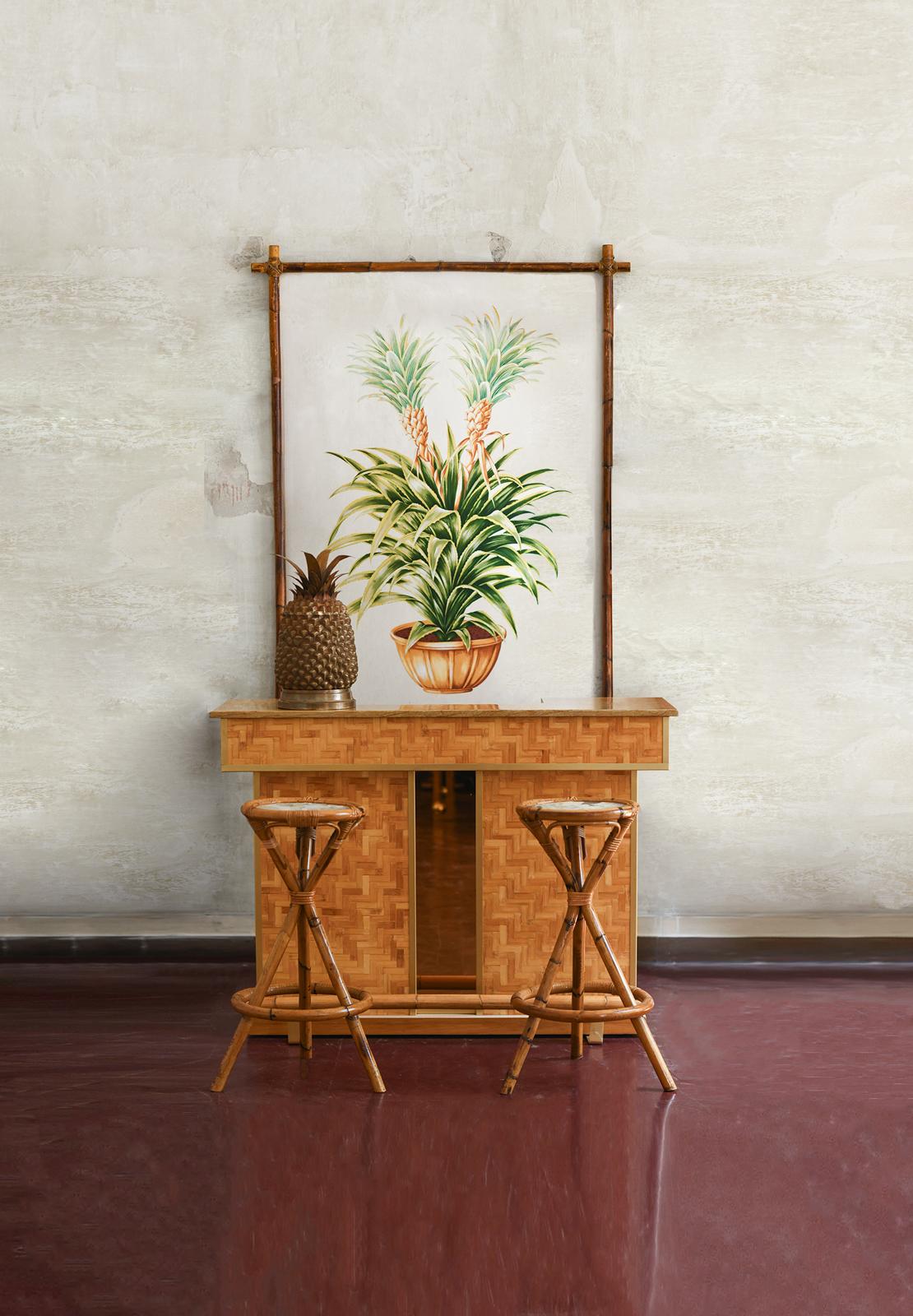 Pressed bamboo bar cabinet, complete with bamboo stools, 1970s 5