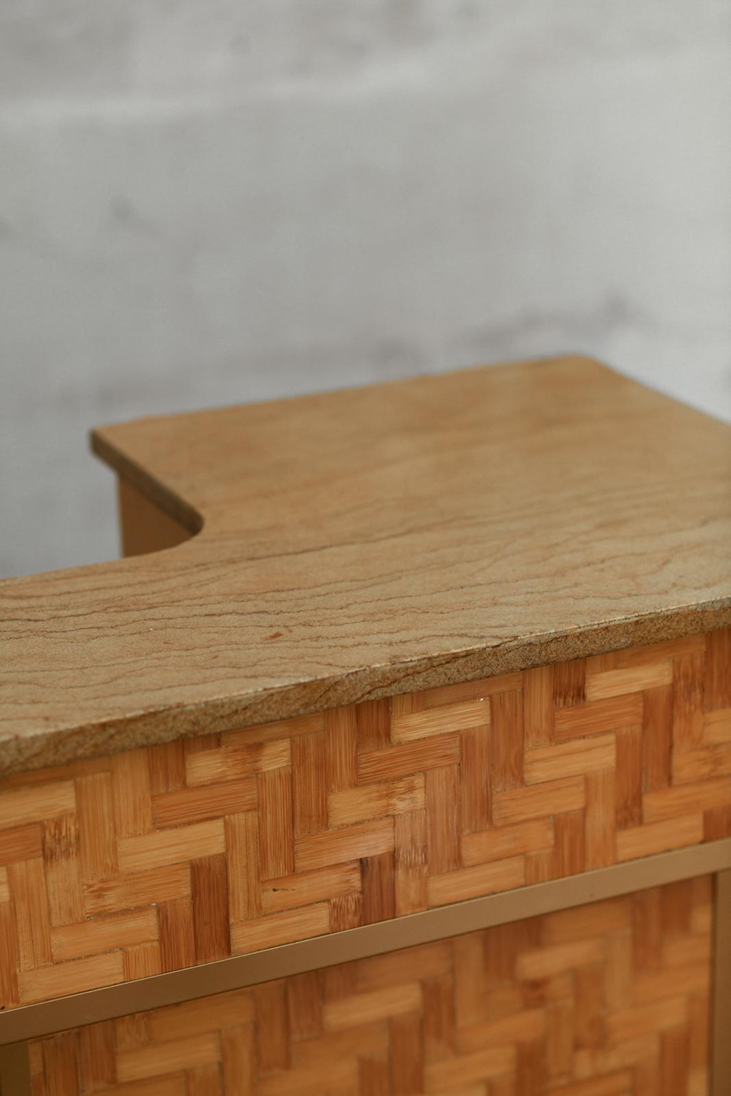 Brass Pressed bamboo bar cabinet, complete with bamboo stools, 1970s