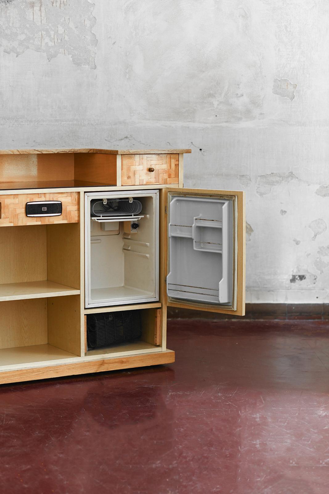Pressed bamboo bar cabinet, complete with bamboo stools, 1970s 1