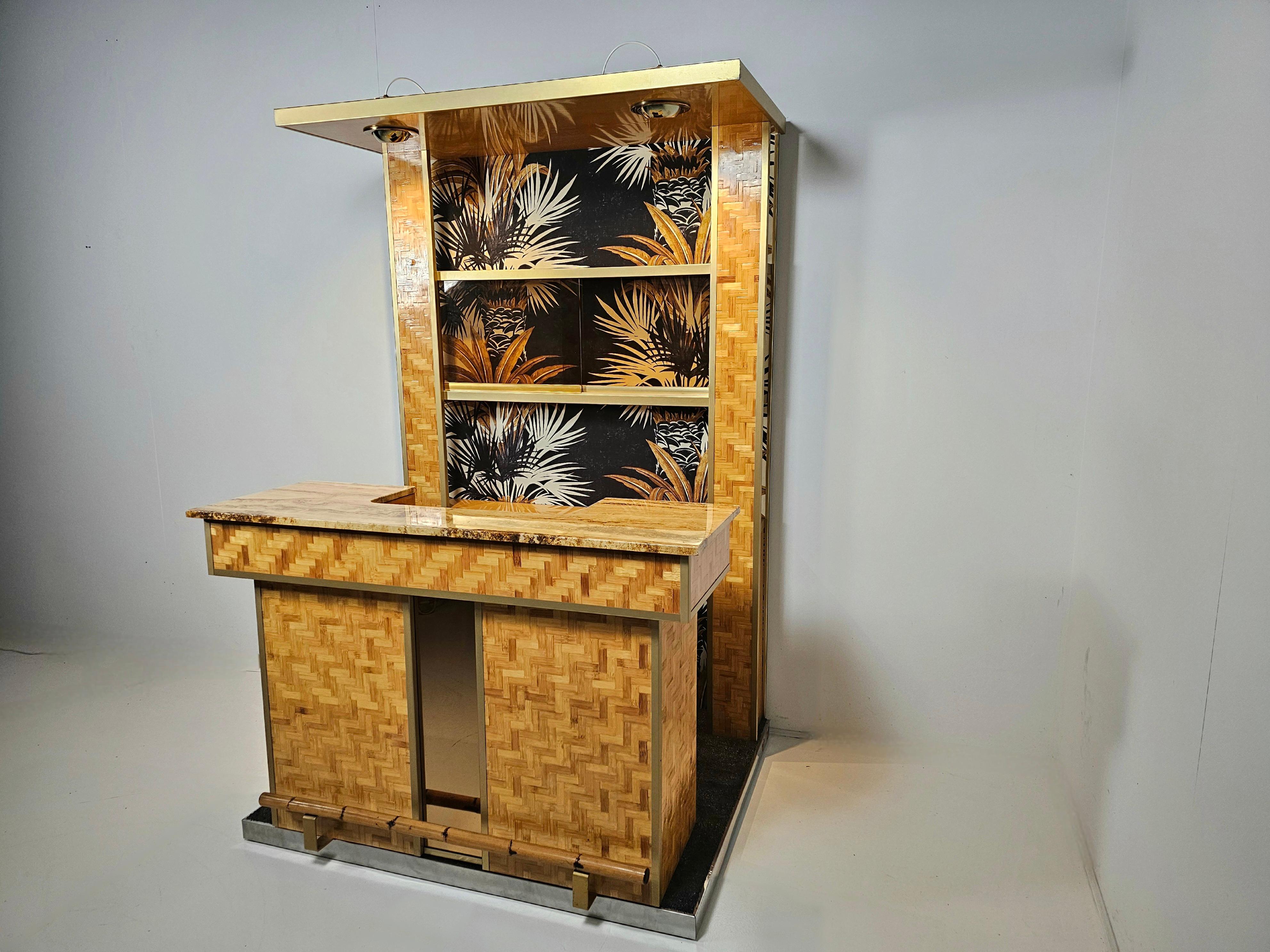 Late 20th Century Pressed bamboo dry bar with stools, Italy, 1970s For Sale