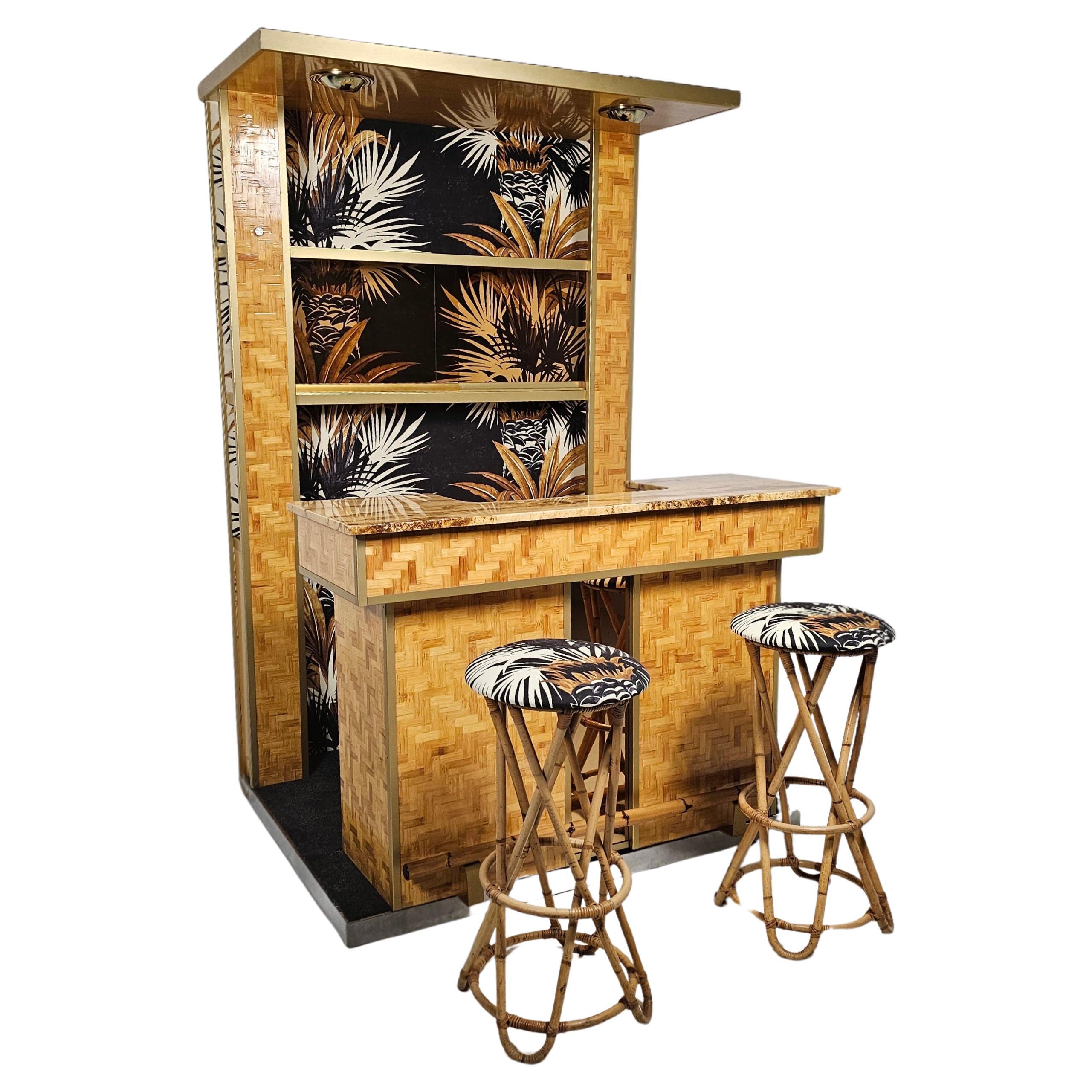 Pressed bamboo dry bar with stools, Italy, 1970s
