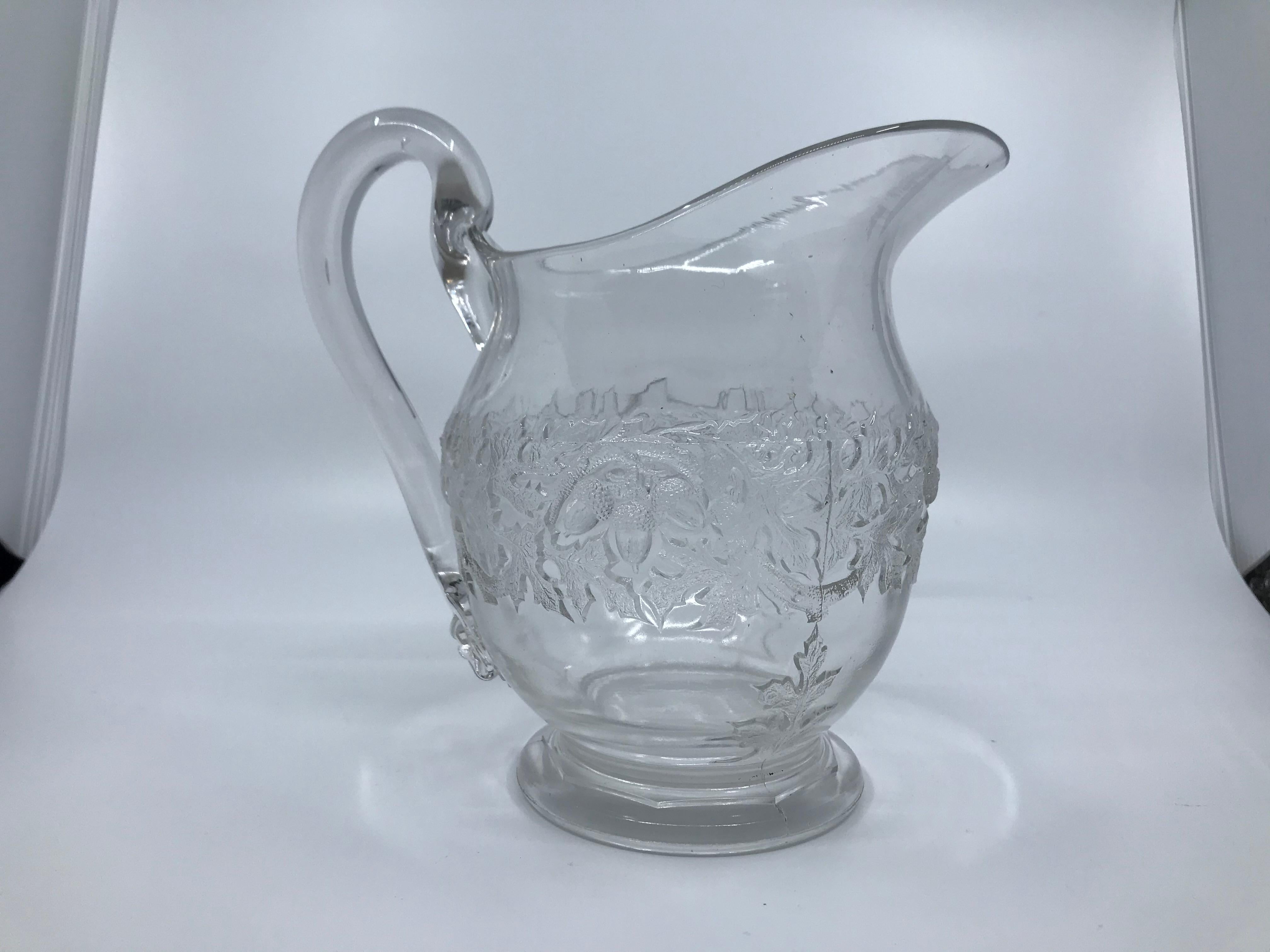 Pressed Glass Acorn and Oak Leaf Pitcher In Good Condition For Sale In New York, NY