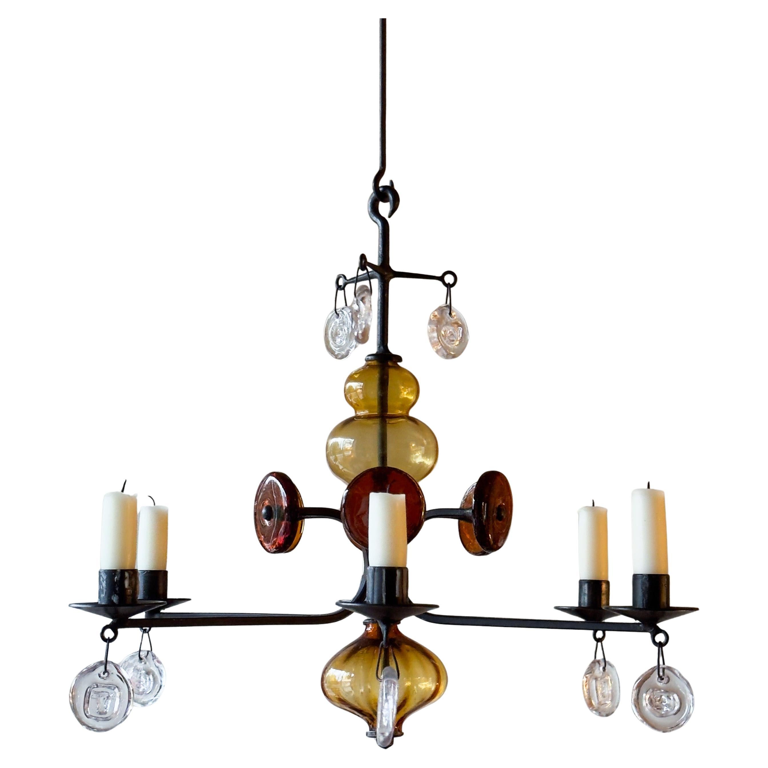 Pressed Glass Amber Chandelier Erik Höglund Sweden, 1960s