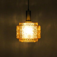 Pressed Glass and Brass Lamp, 1960s, Beautiful Amber and Clear Glass Lighting
