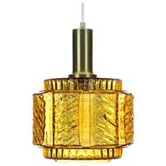 Pressed Glass and Brass Lamp, 1960s, Beautiful Amber and Clear Glass Lighting