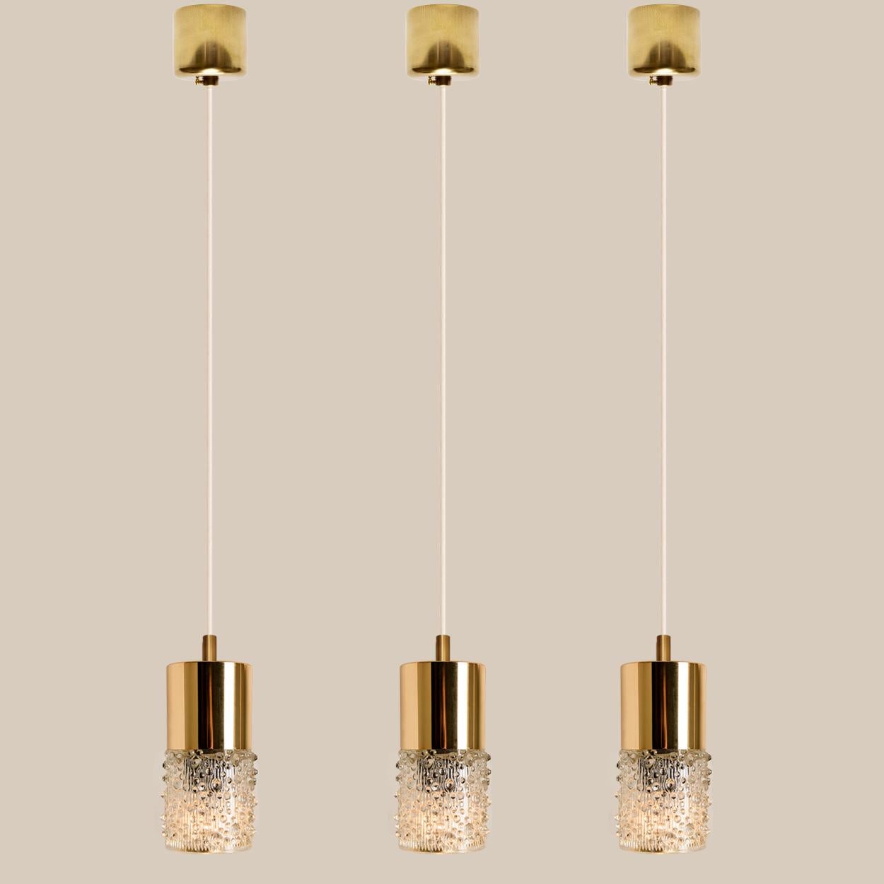 Mid-Century Modern Pressed Glass and Brass Pendant Lights, 1970s For Sale