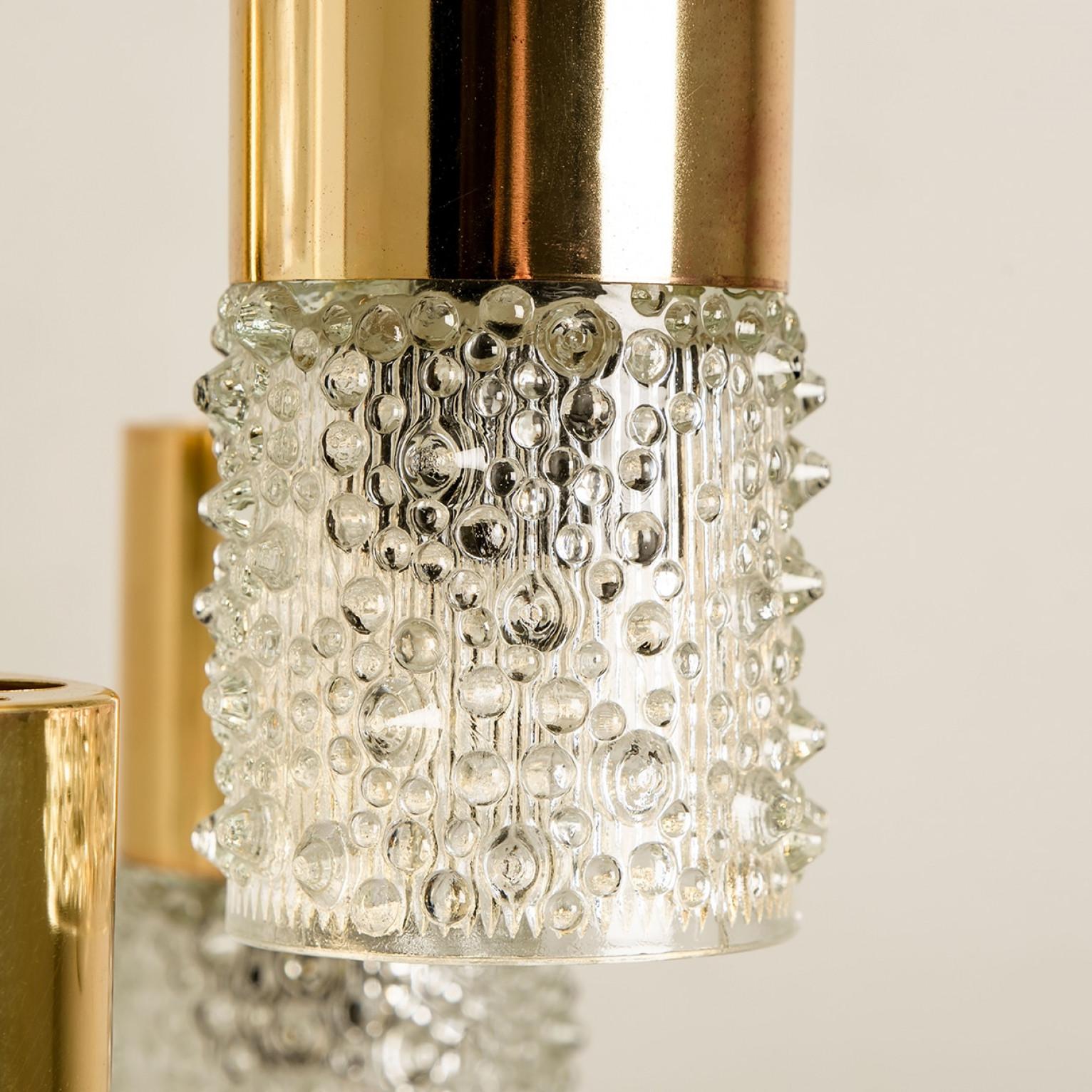 Mid-Century Modern Pressed Glass and Brass Pendant Lights, 1970s For Sale