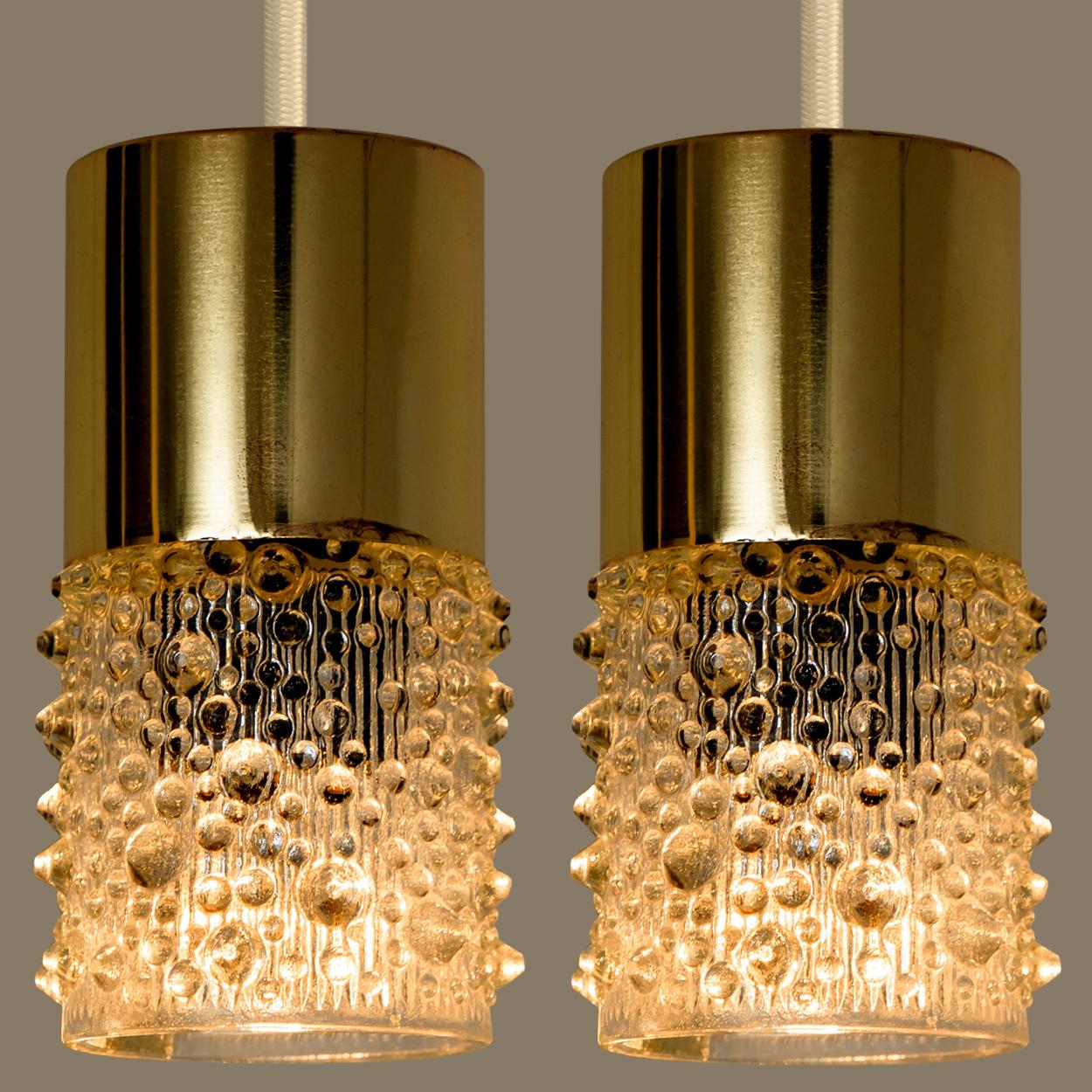 Pressed Glass and Brass Pendant Lights, 1970s In Good Condition For Sale In Rijssen, NL