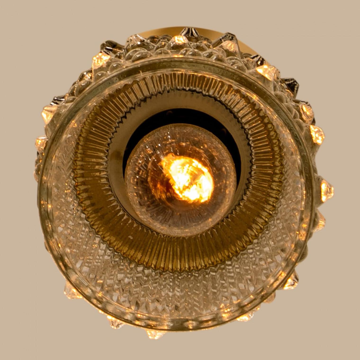 Pressed Glass and Brass Pendant Lights, 1970s In Good Condition For Sale In Rijssen, NL