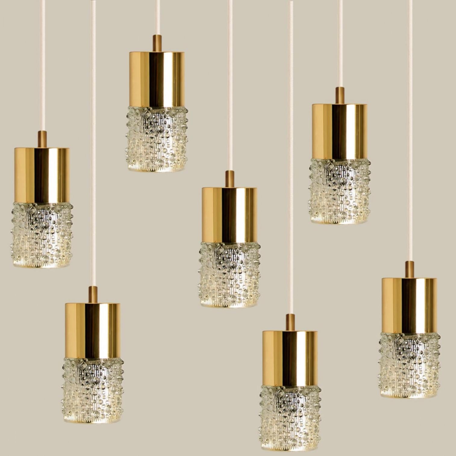Pressed Glass and Brass Pendant Lights, 1970s For Sale 1