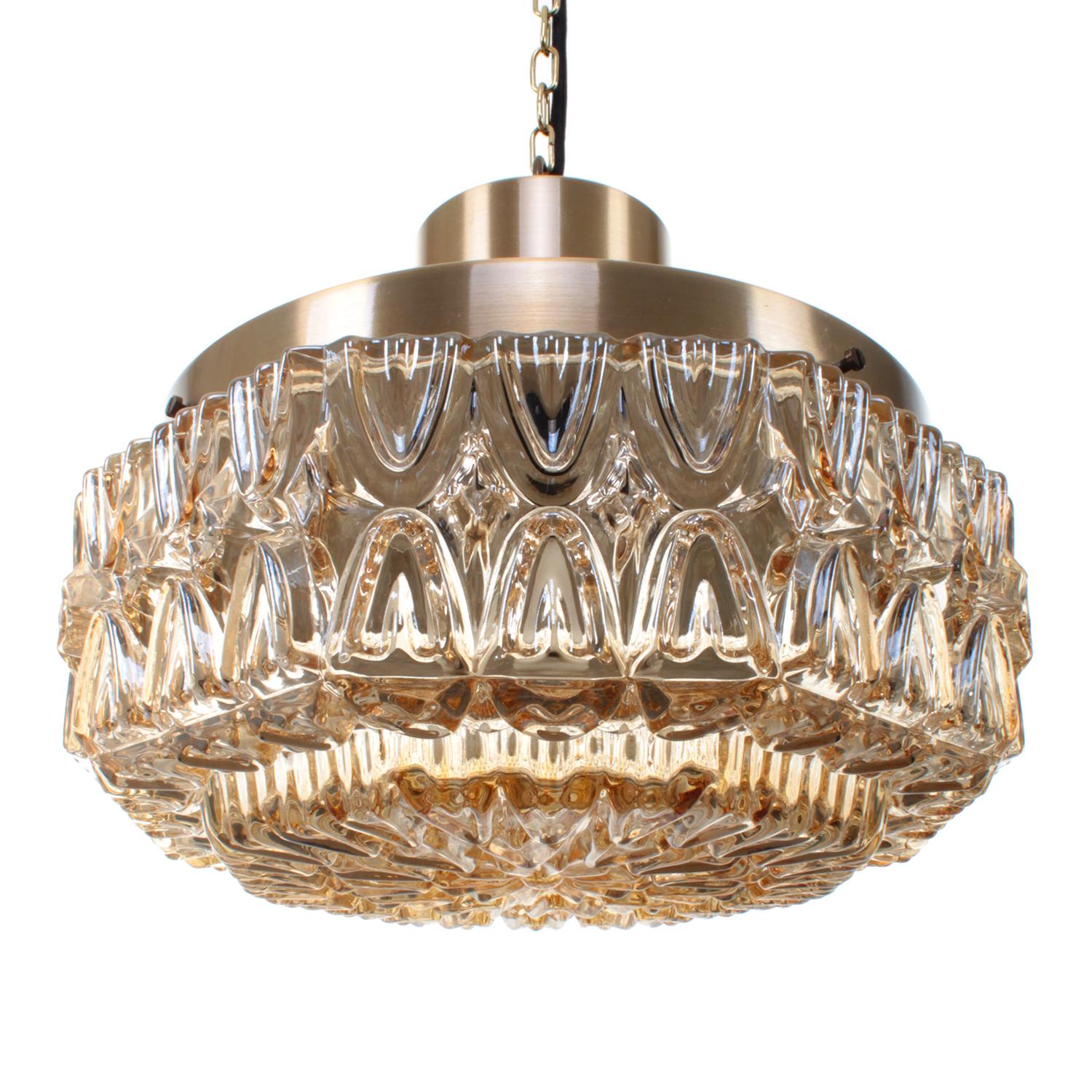 Scandinavian Modern Pressed Glass and Brass, Scandinavian Pendant Light from the 1960s
