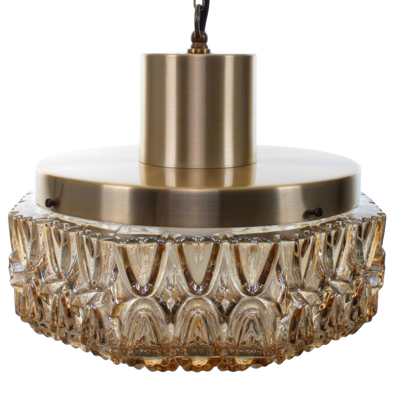 Danish Pressed Glass and Brass, Scandinavian Pendant Light from the 1960s