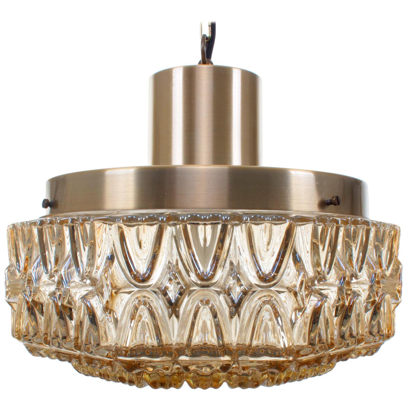 Pressed Glass and Brass, Scandinavian Pendant Light from the 1960s
