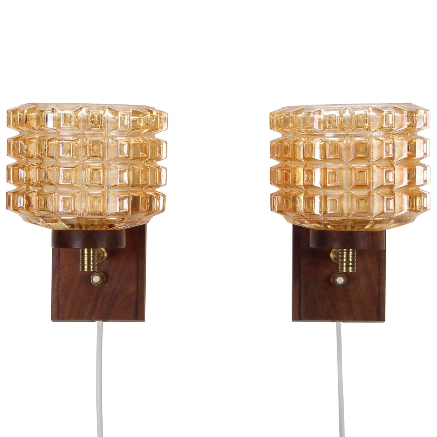 Mid-Century Modern Pressed Glass & Rosewood Wall Lamps ‘Pair’ 1950s Scandinavian Midcentury Design