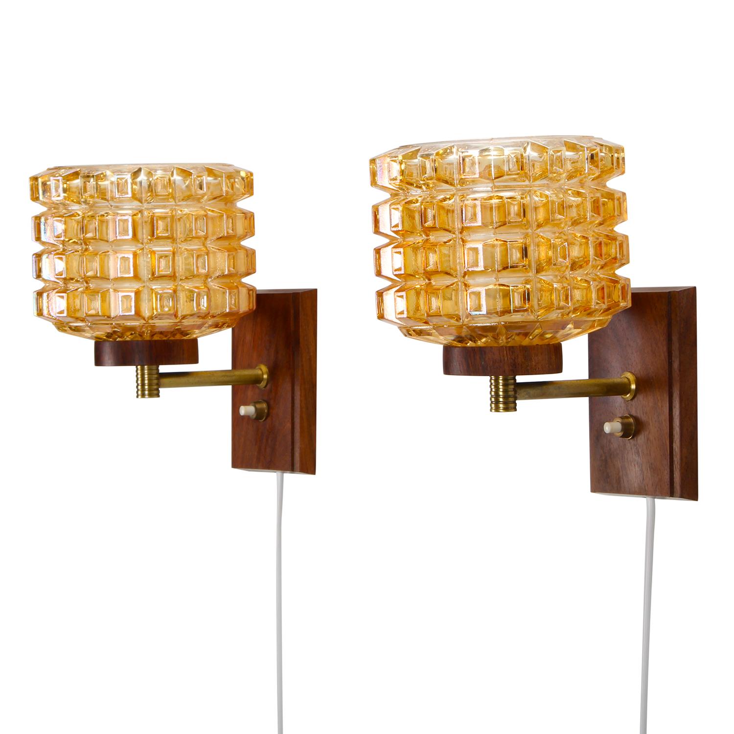 Mid-20th Century Pressed Glass & Rosewood Wall Lamps ‘Pair’ 1950s Scandinavian Midcentury Design