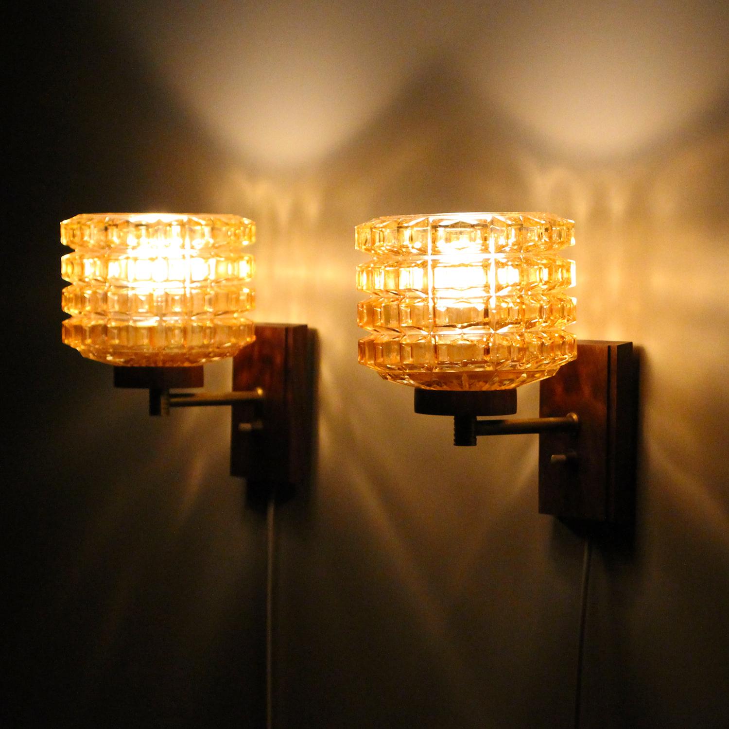 Pressed Glass & Rosewood Wall Lamps ‘Pair’ 1950s Scandinavian Midcentury Design 1