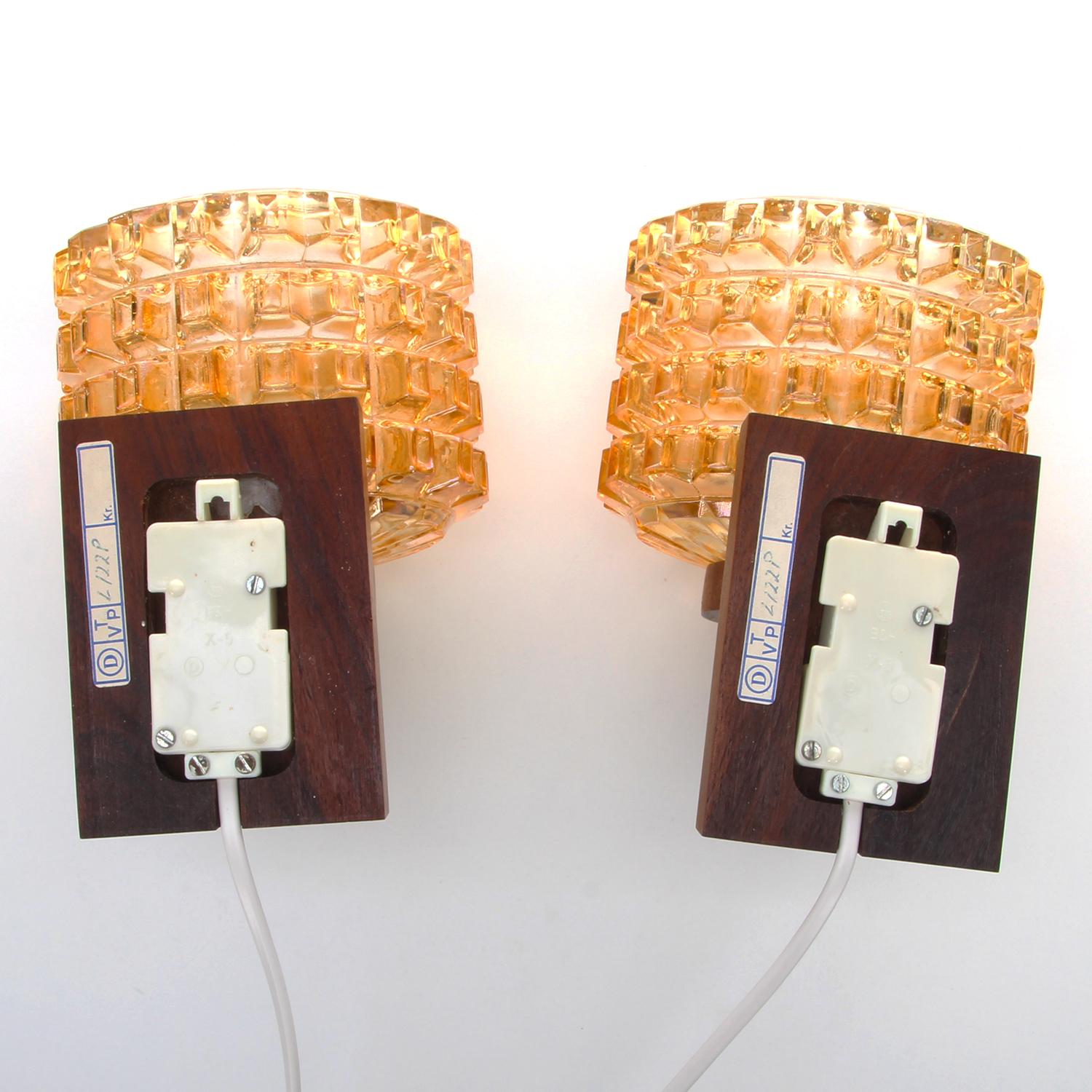 Pressed Glass & Rosewood Wall Lamps ‘Pair’ 1950s Scandinavian Midcentury Design 2
