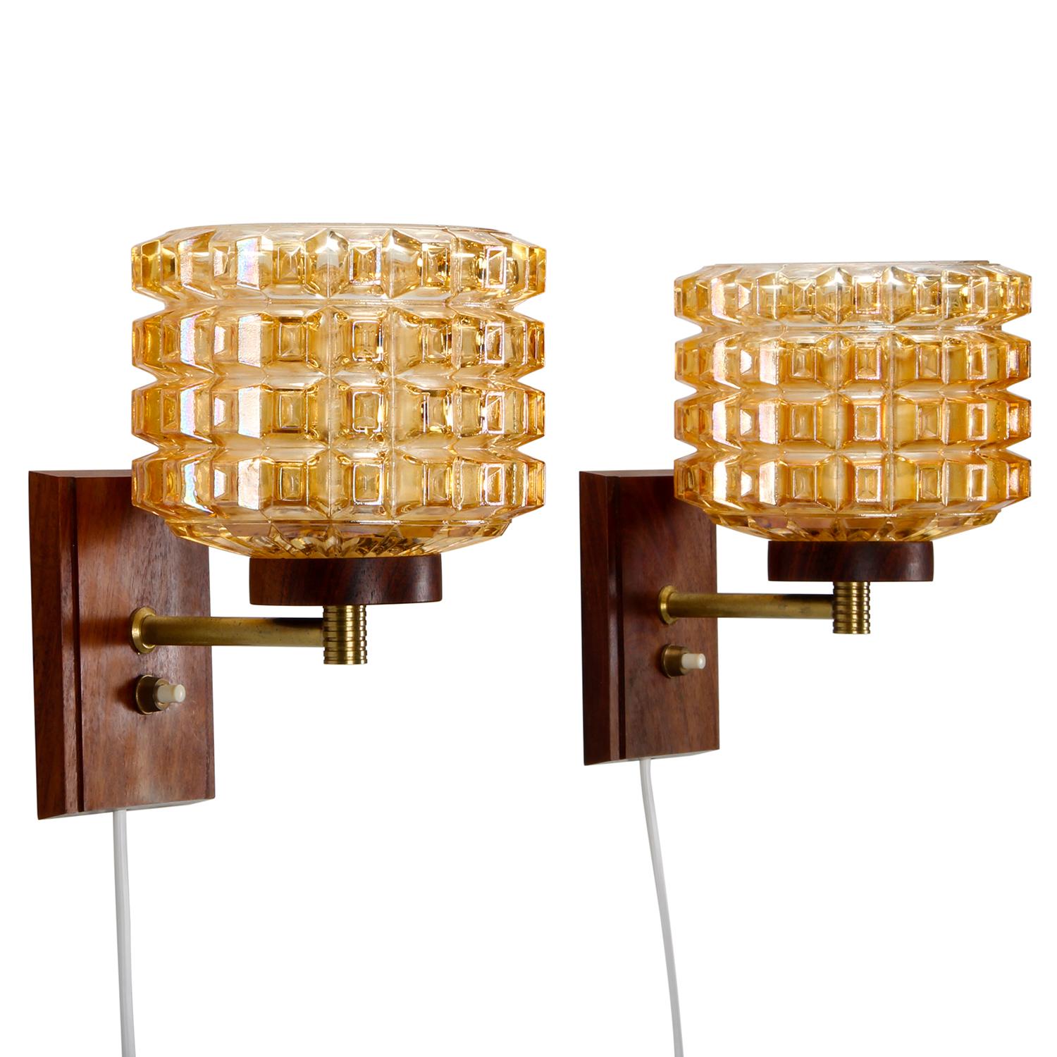 Pressed Glass & Rosewood Wall Lamps ‘Pair’ 1950s Scandinavian Midcentury Design