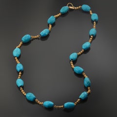 Composed Blue Turquoise 18k Yellow Gold Long Link Necklace