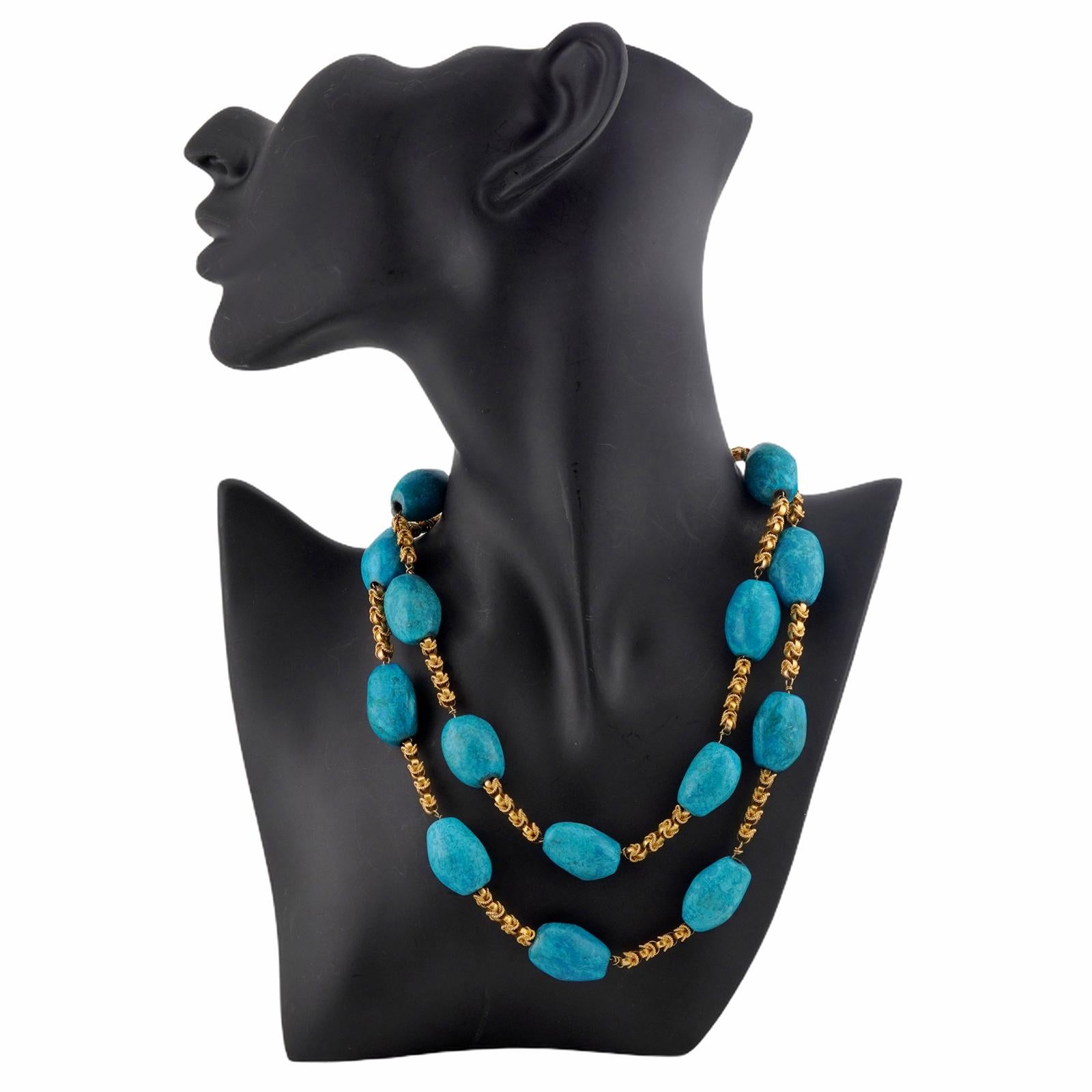 Collar largo de eslabones de oro amarillo con turquesa prensada Cuenta en venta