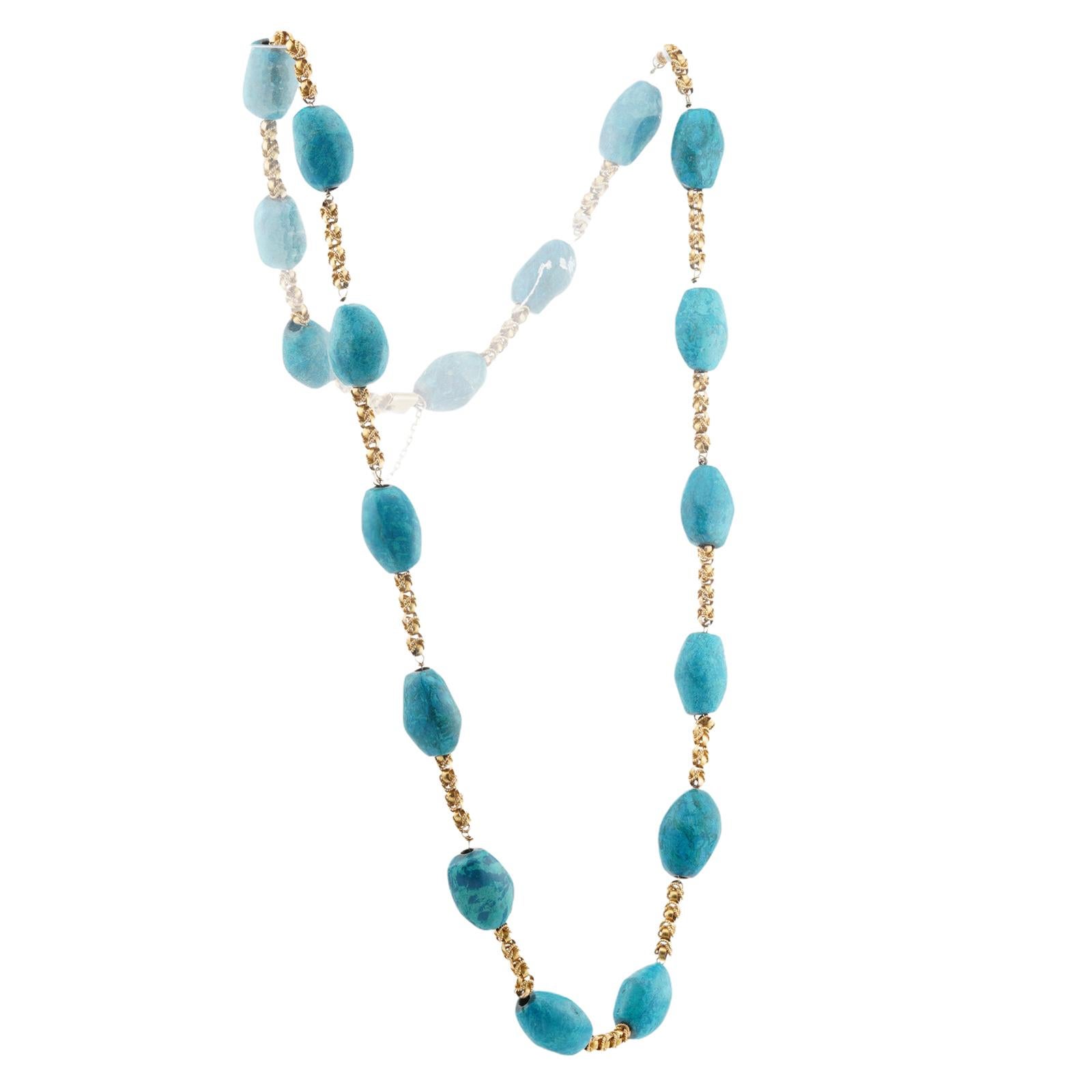 Collar largo de eslabones de oro amarillo con turquesa prensada en Excelente estado para la venta en New York, NY