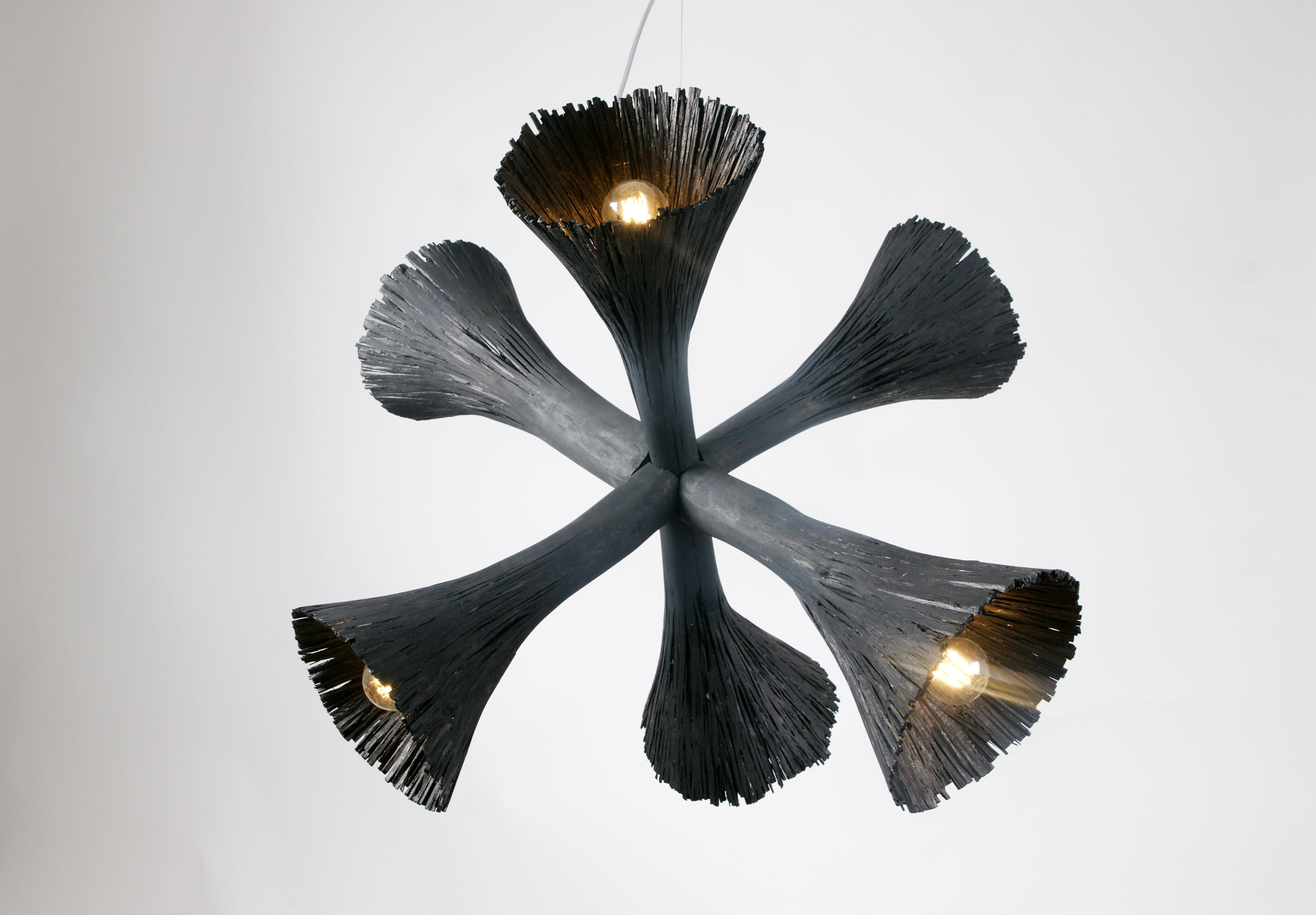 Pressed wood chandelier by Johannes Hemann
Materials: Wood 
Dimensions: Ø 80cm

The series 