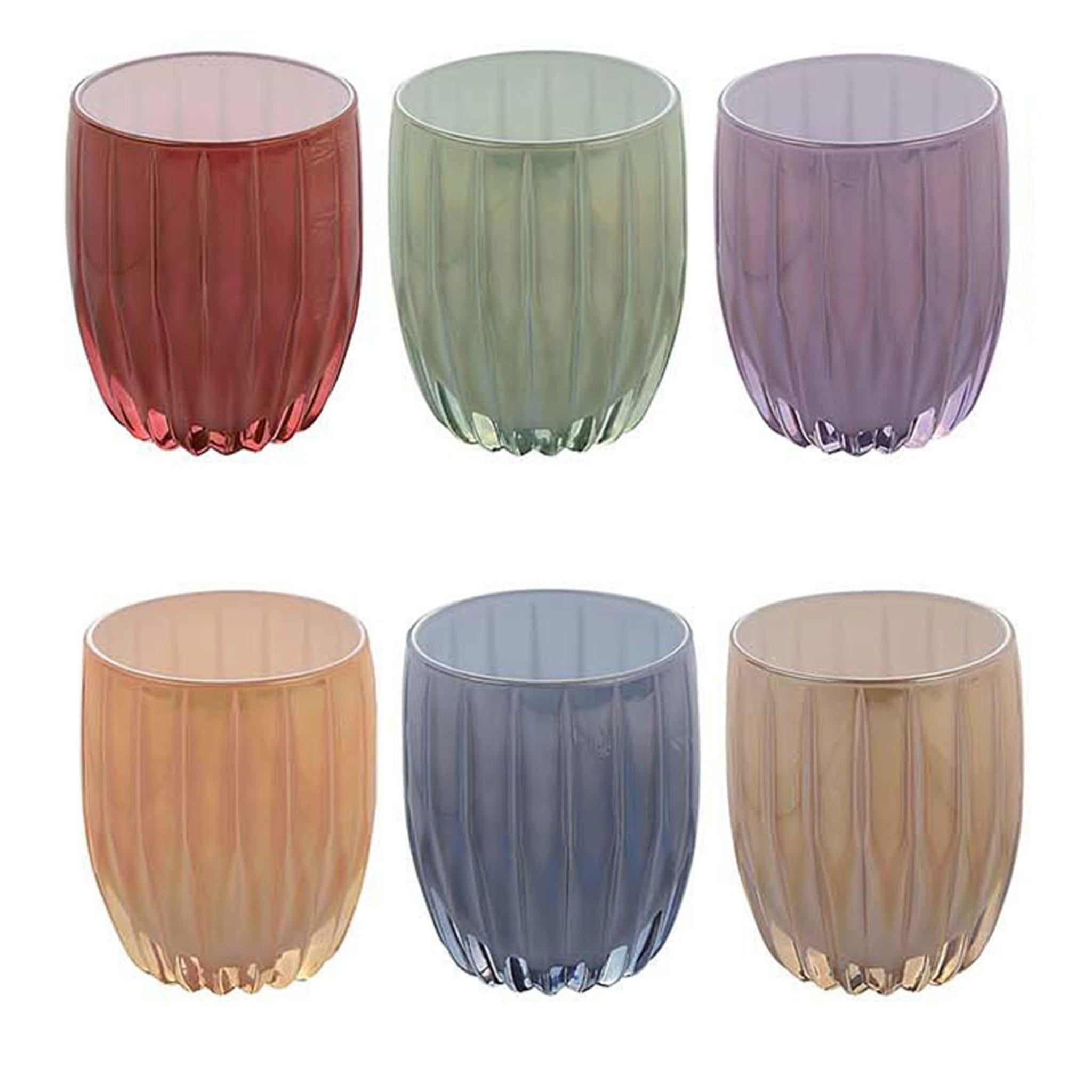 This set of six water glasses is a magnificent rainbow of colors that will enliven any dining set with its sophisticated and eclectic allure. Boasting a unique and different hue, each piece is handcrafted of crystal and is decorated by hand with an