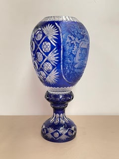 Prestigious engraved blue crystal vase, handcrafted masterpiece, florence, 1990