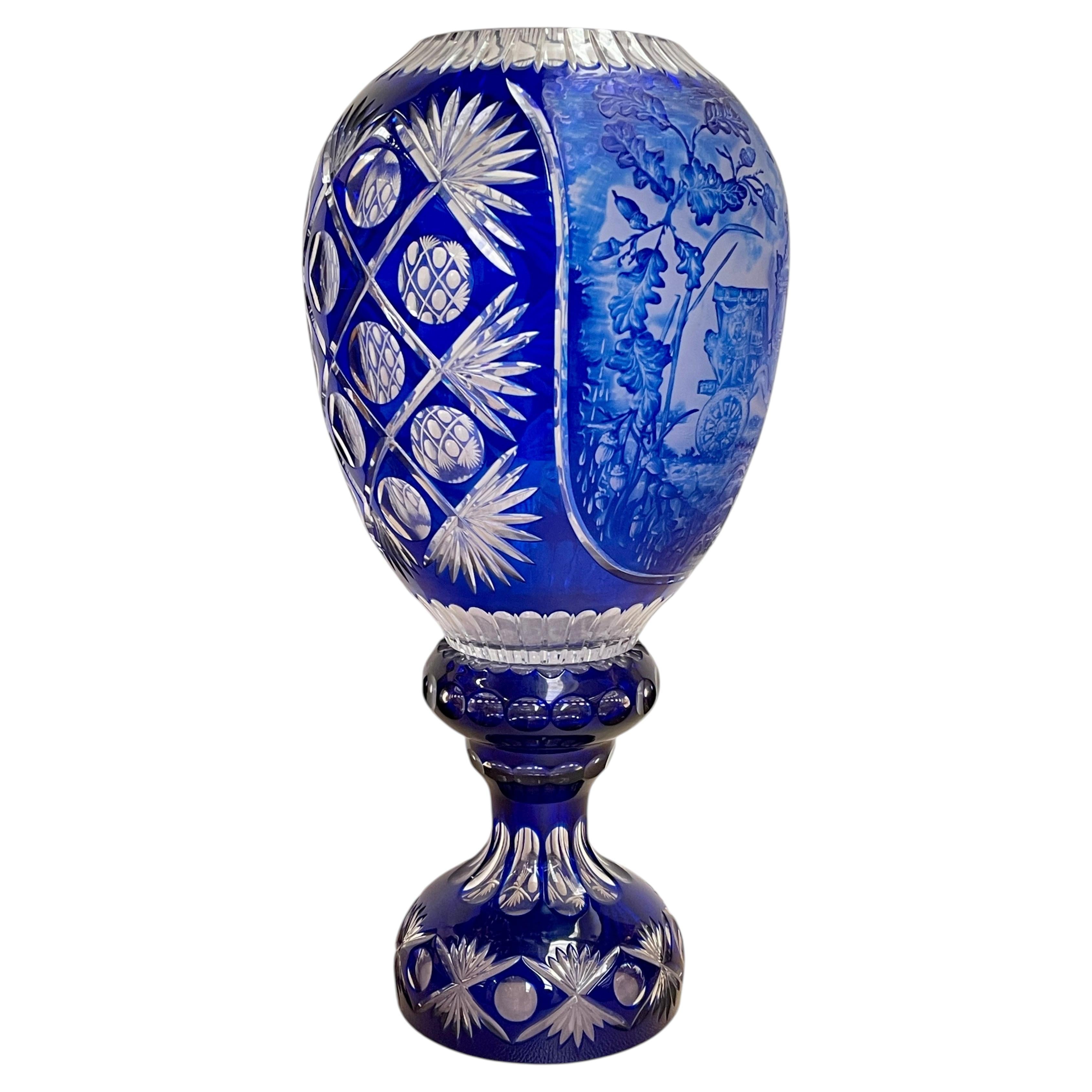 Prestigious engraved blue crystal vase, handcrafted masterpiece, florence, 1990 For Sale