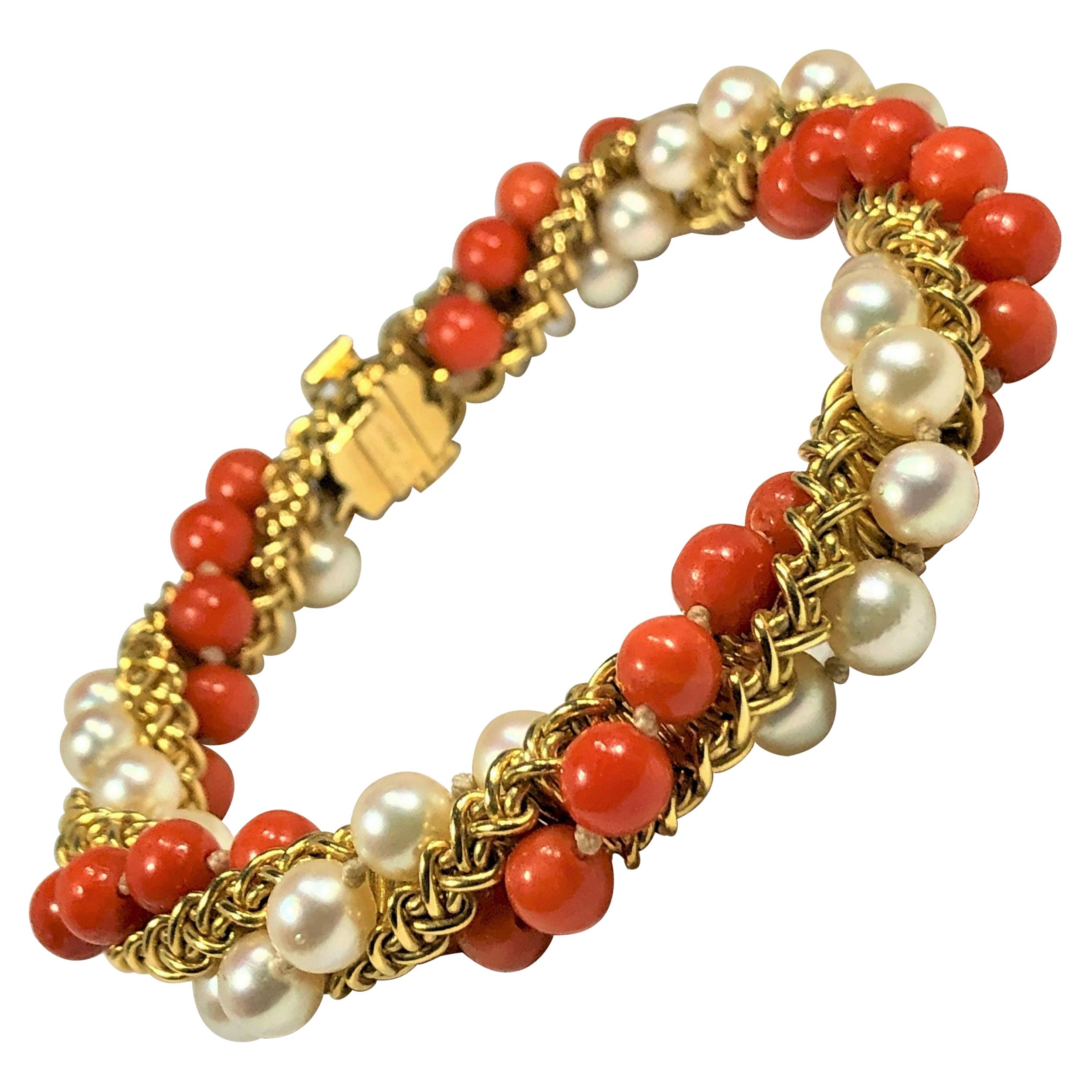 Prestigious French Cartier Twisted Gold, Coral and Pearl Torsade Bead Bracelet