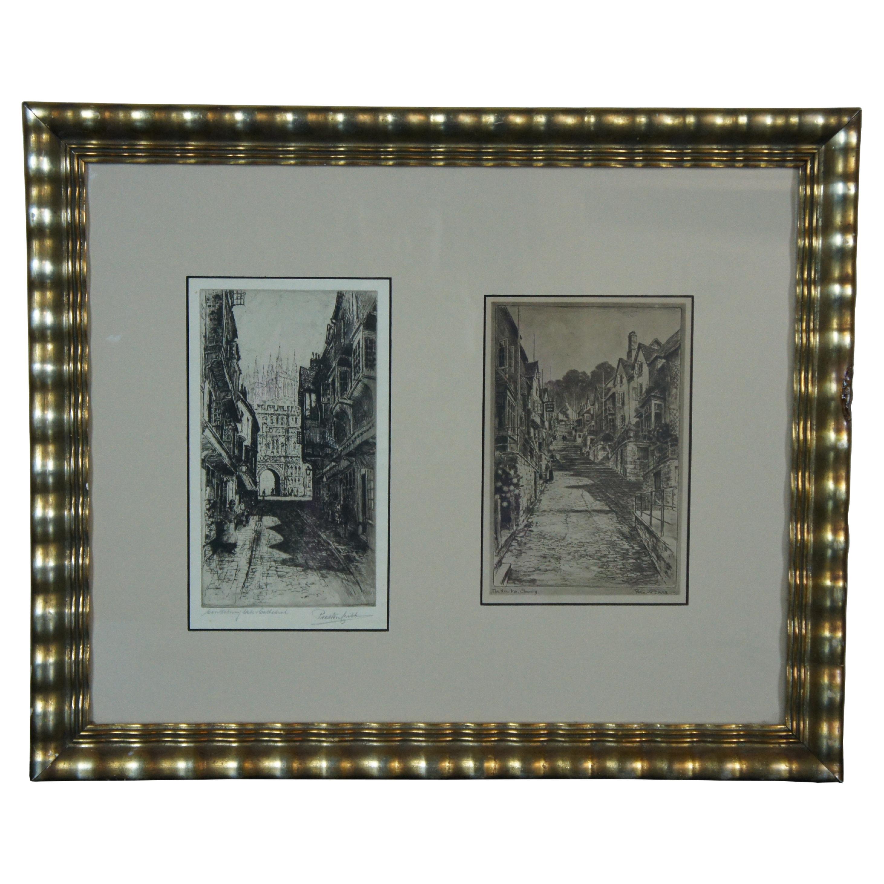Preston Cribb Cityscape Diptych Engravings Canterbury Cathedral New Inn 23" For Sale