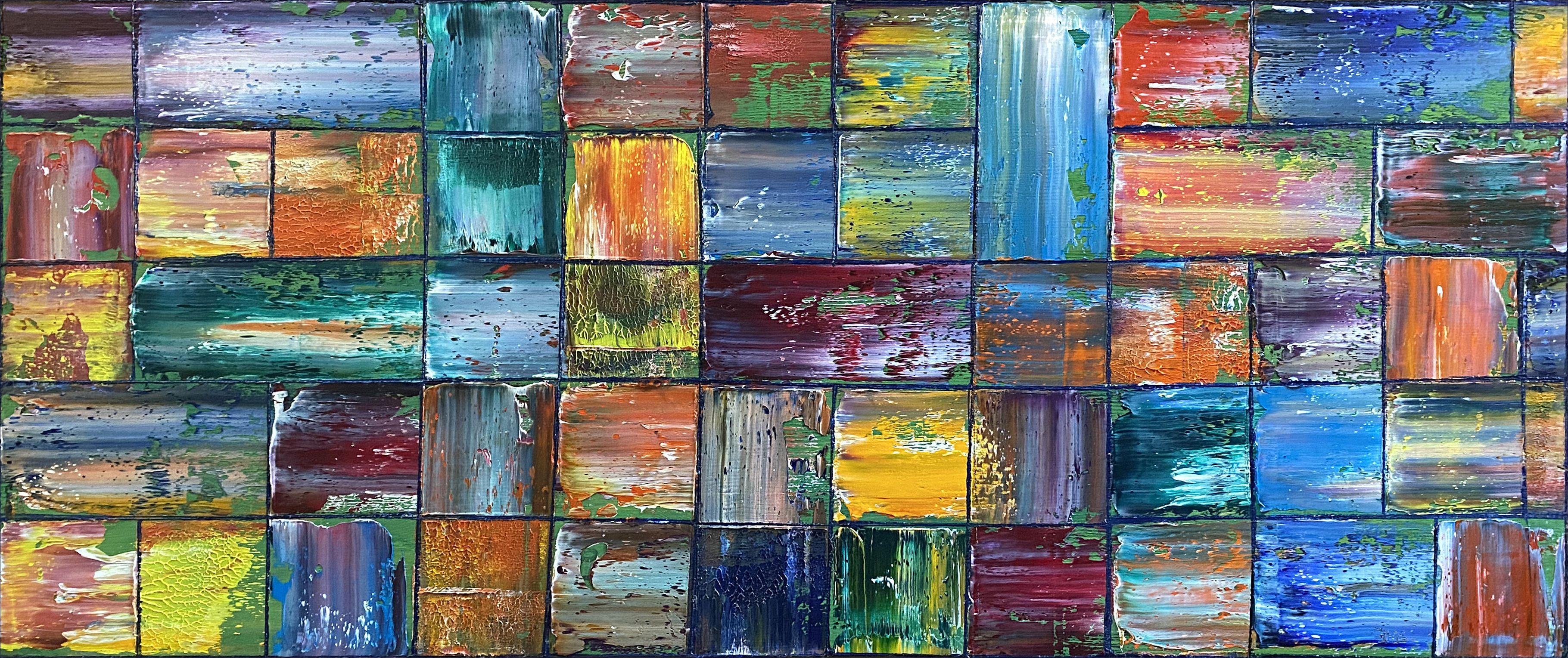 Preston M. Smith (PMS) Abstract Painting – All Squared Away, Gemälde, Öl auf Holzplatte