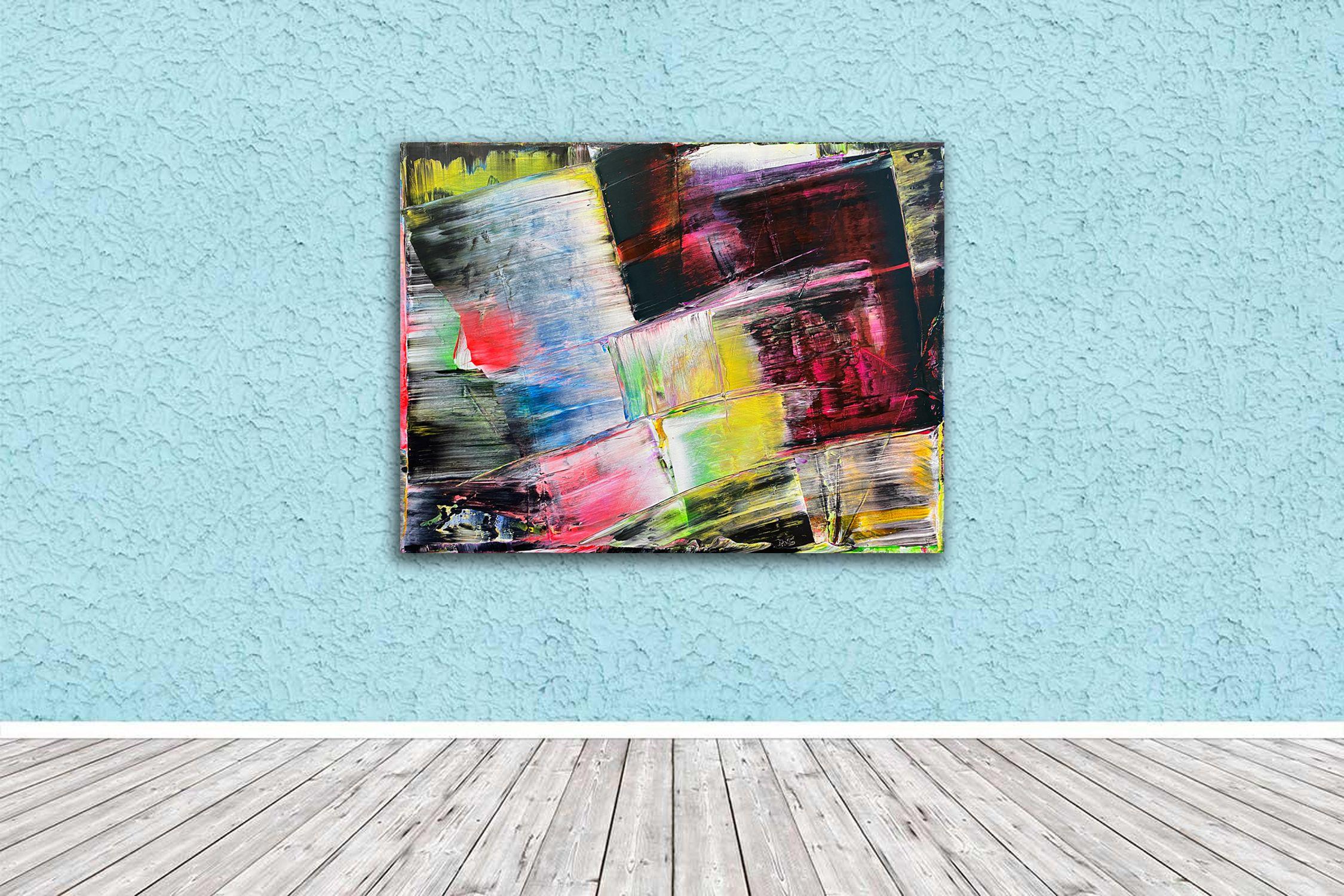 This is a unique large modern PMS abstract acrylic painting that will make a statement in your home or office. This painting is fierce, bold, energetic, and mysterious. The colors streak and overlap, while also being contrasted by bold, vibrant