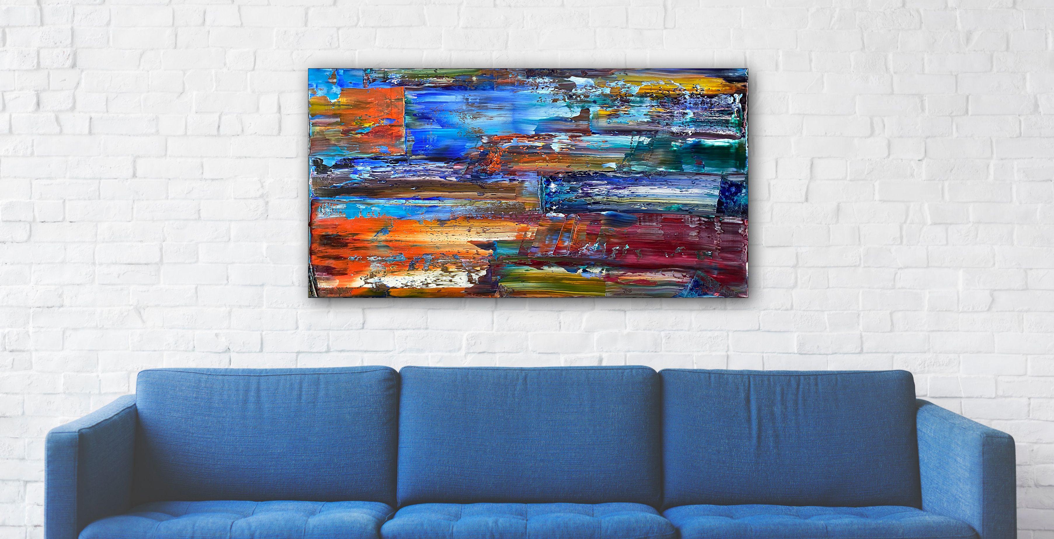 This is a completely unique and original PMS abstract oil painting on recycled wooden table top. Perfect for your living room, or to fill any large wall in your office or home. This painting epitomizes a technique and aesthetic I have been working