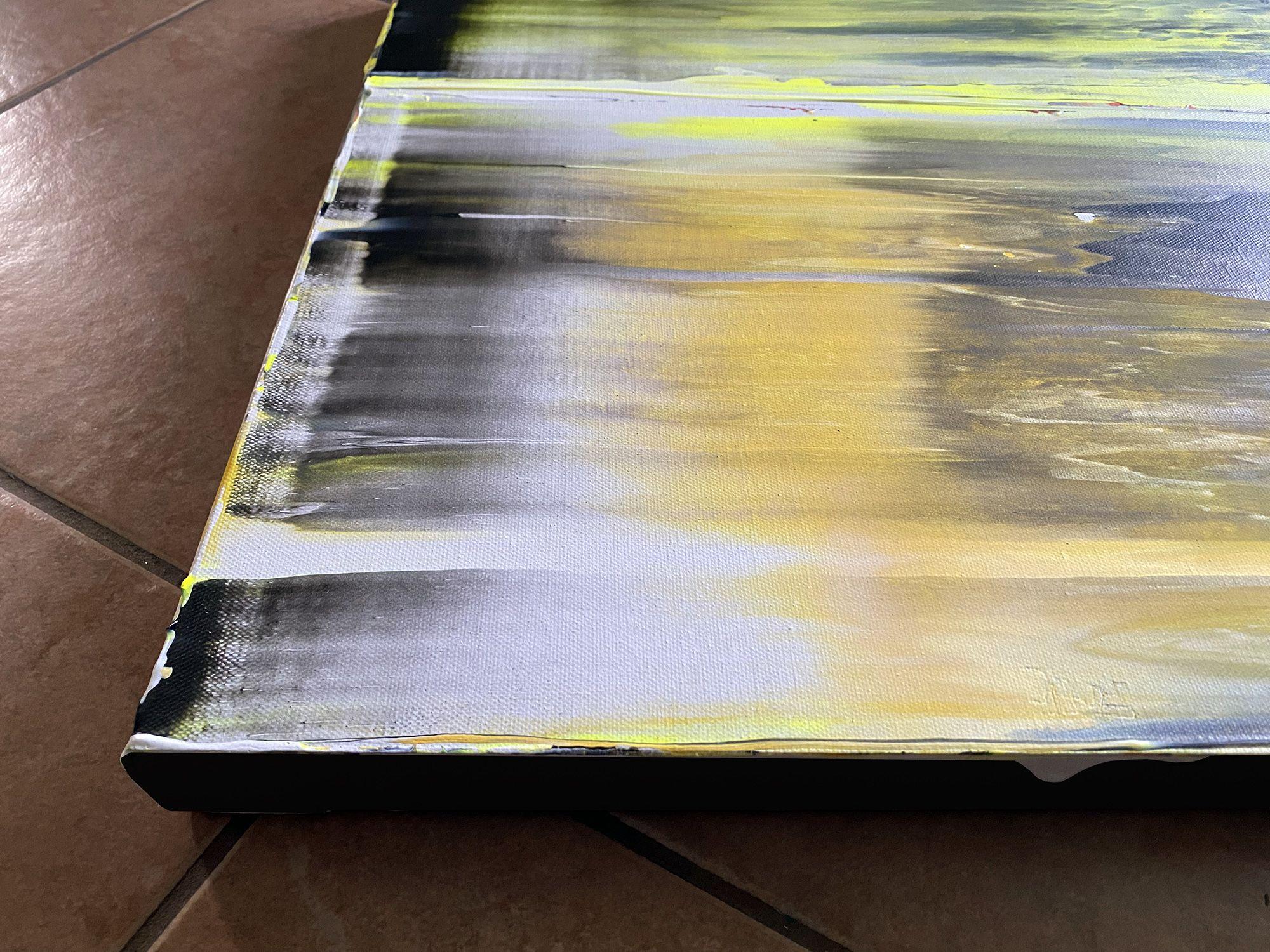 Dies ist ein völlig einzigartiges abstraktes PMS-Acrylbild für Ihr Zuhause oder Ihr Büro. Dieses Stück hat eine schöne, moderne Designästhetik. Die Farben streifen und überlagern sich, werden aber auch durch subtile und strukturelle Verschiebungen
