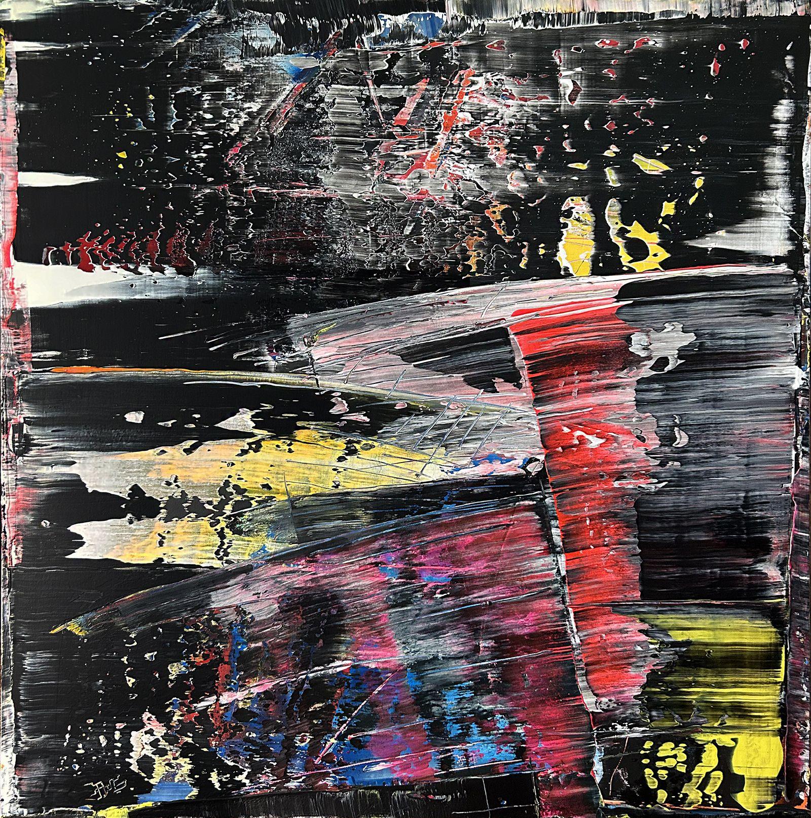 This is a unique large modern PMS abstract acrylic painting that will make a statement in your home or office. This piece has a mature, modern design aesthetic. This piece is fierce and full of energy, darkness and angst. The colors streak and