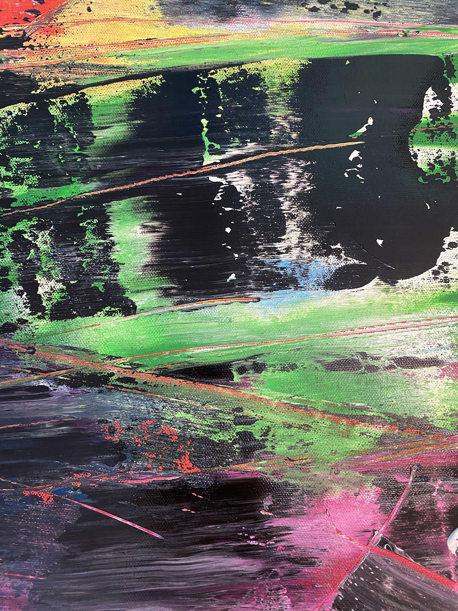 This is a unique large modern PMS abstract acrylic painting that will make a statement in your home or office. This piece has a mature, modern design aesthetic. This piece is fierce and full of energy, beauty, pain and fire. The colors streak and