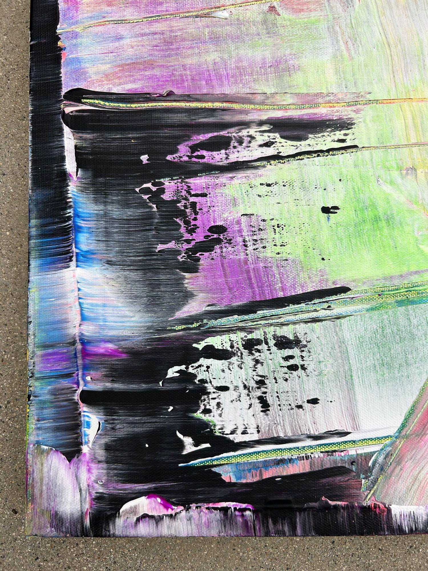 This is a unique large modern PMS abstract acrylic painting that will make a statement in your home or office. This painting is fierce, bold, energetic, and filled with beautiful angst. The colors streak and overlap, while also being contrasted by