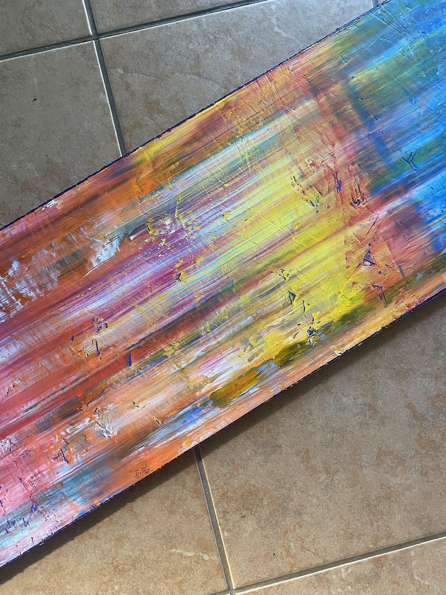 This is a completely unique and original abstract oil painting on wood. This painting is part of a series of exciting works that epitomize certain techniques and an aesthetic I have been working to perfect over the years. The streaking colors are