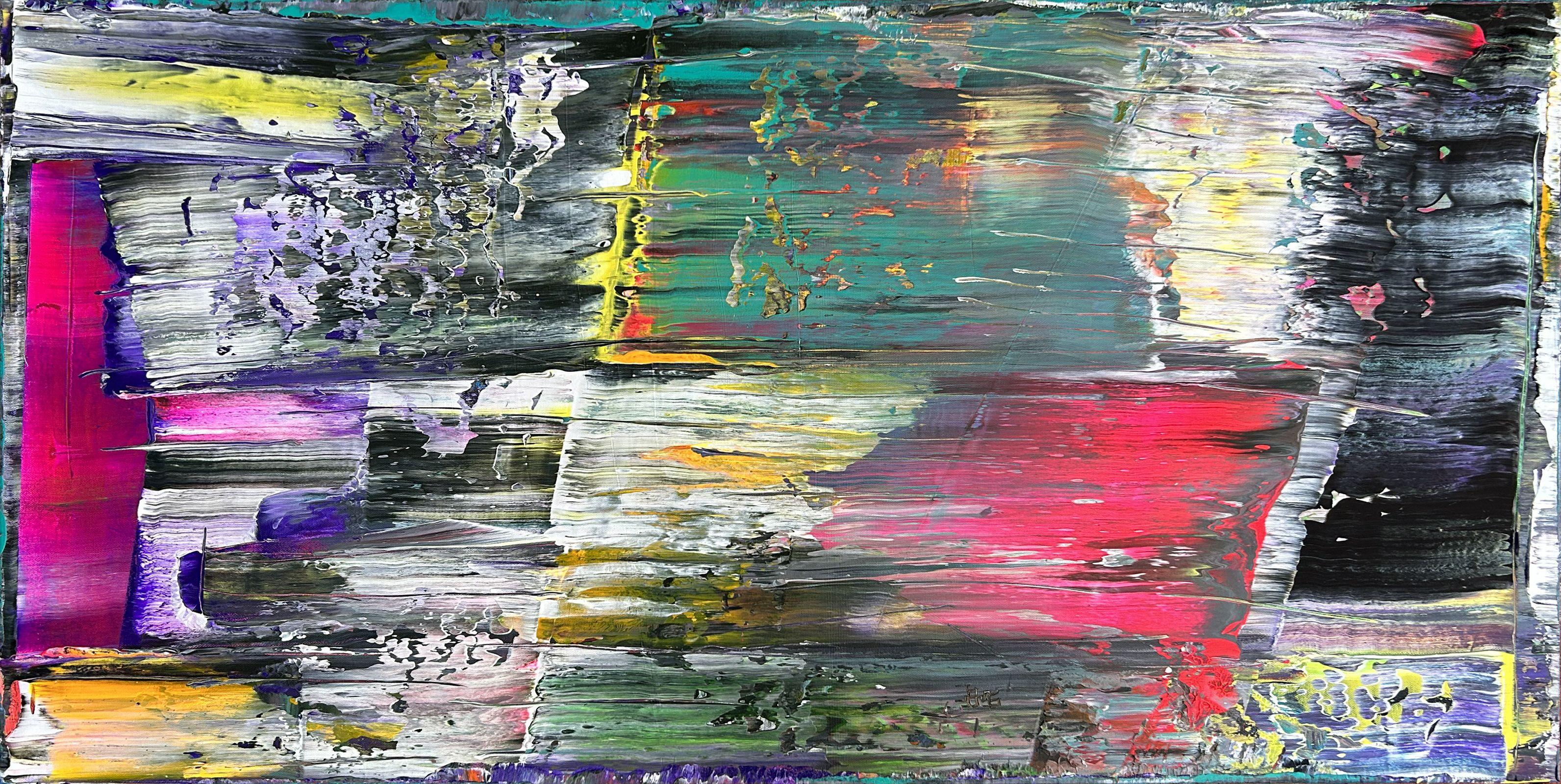 This is a gallery quality, PMS abstract acrylic painting for your home or office. This piece has a beautiful, modern and energetic design aesthetic. The colors streak and overlap, while also being contrasted extreme texture and color shifts, as well