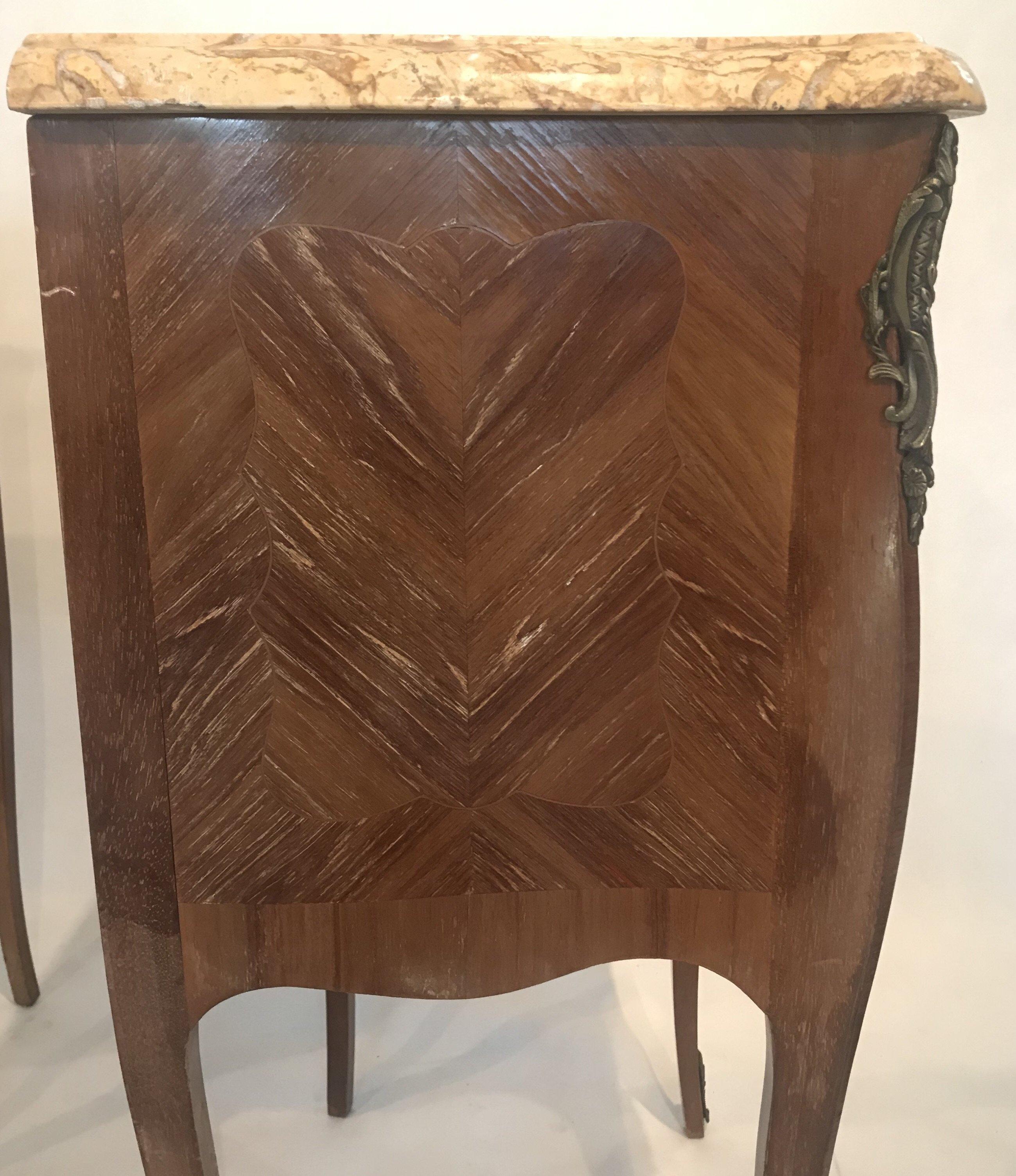 Pretty Pair of French Inlaid Marble-Top Nightstands with Three Drawers 4