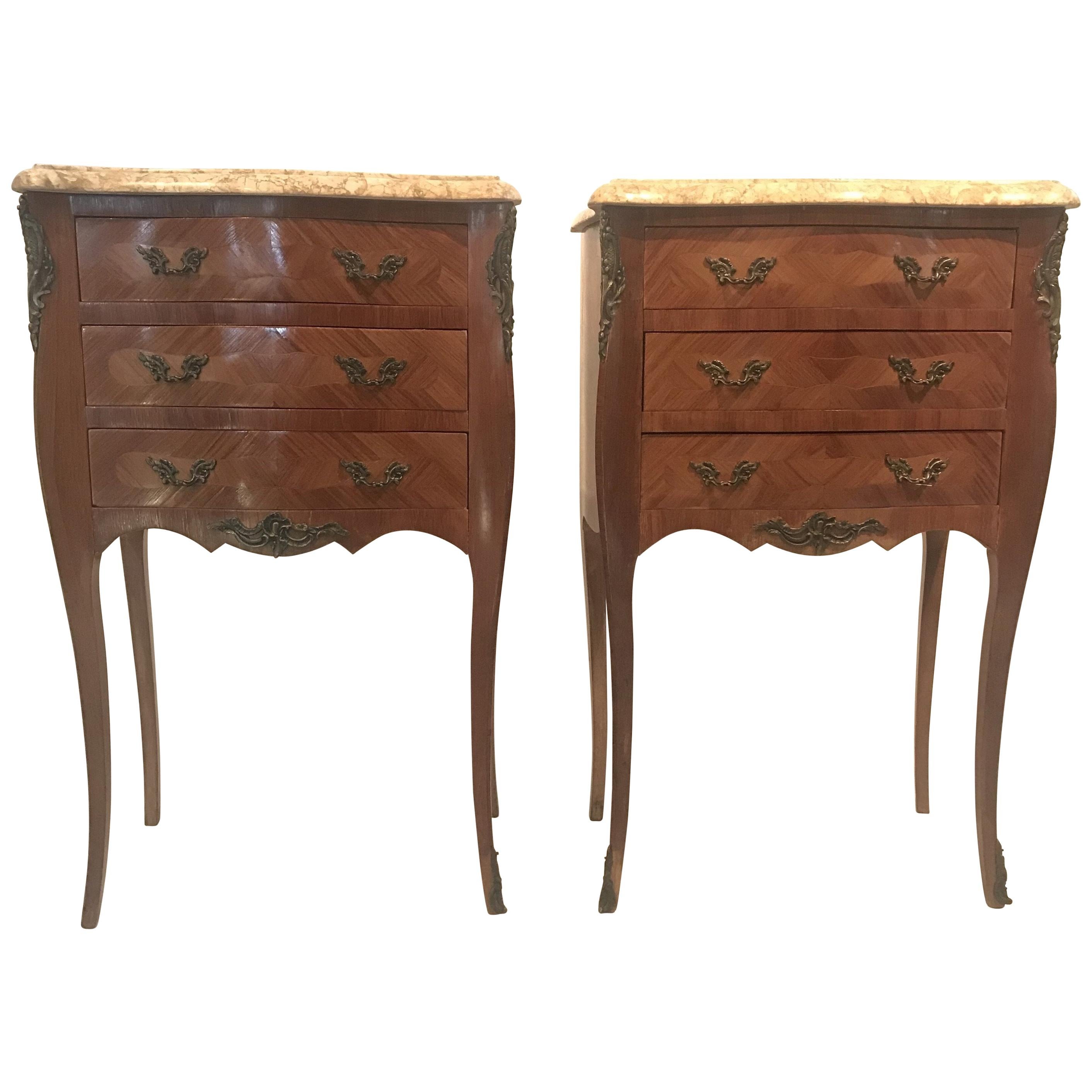 Pretty Pair of French Inlaid Marble-Top Nightstands with Three Drawers