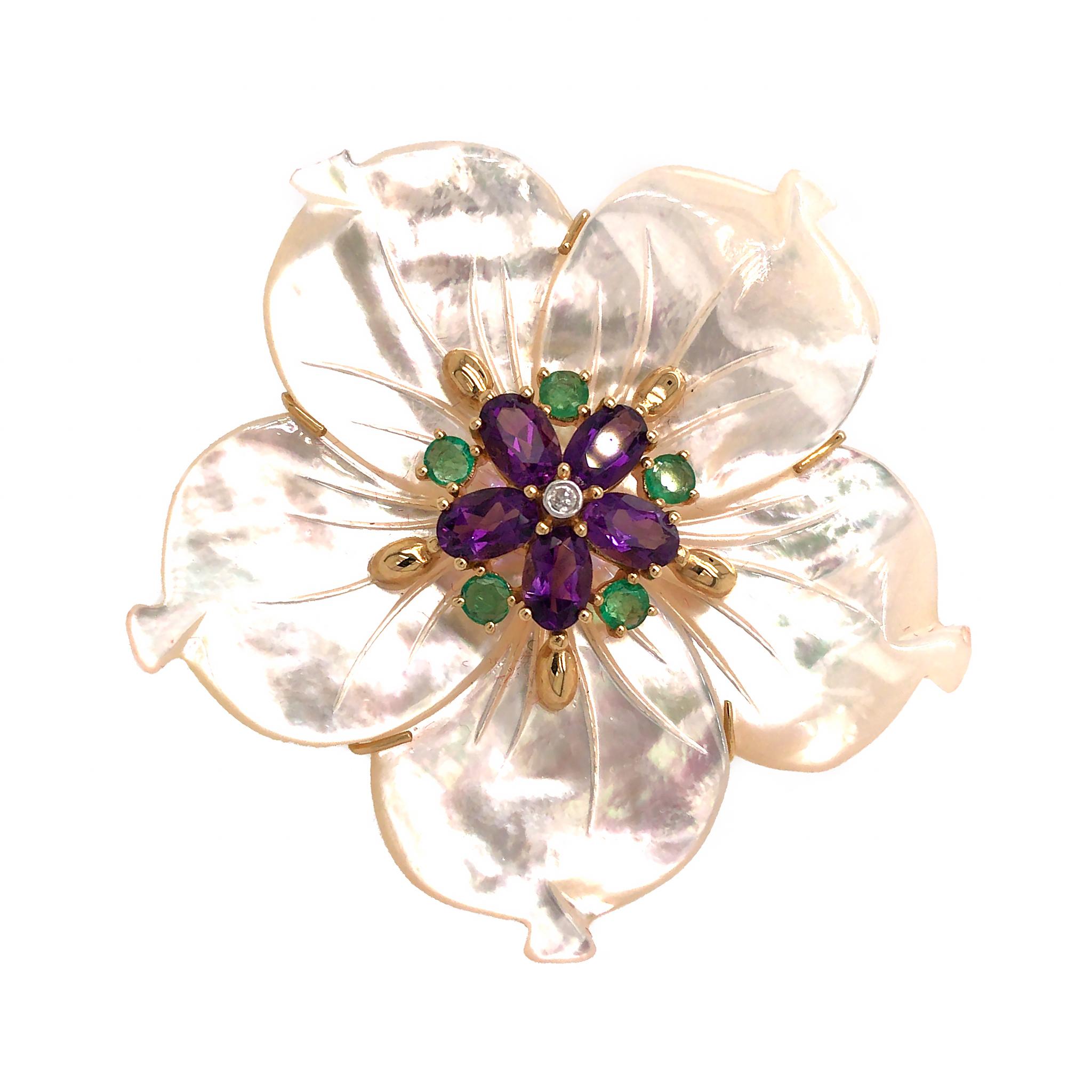14k Yellow Gold
Total Weight: 19.5 grams
Gemstone: Diamond, Amethyst and Emerald