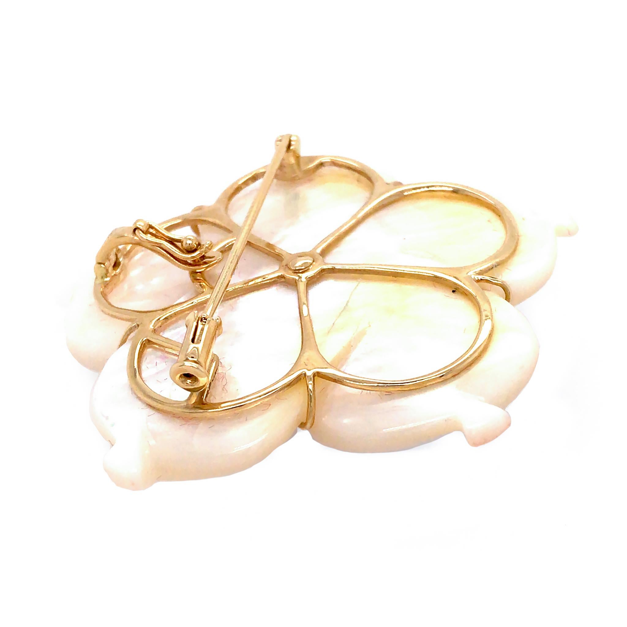 Mixed Cut Pretty 14k Yellow Gold Mother of Pearl Flower with Multi-Color Stone Brooch