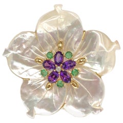 Pretty 14k Yellow Gold Mother of Pearl Flower with Multi-Color Stone Brooch